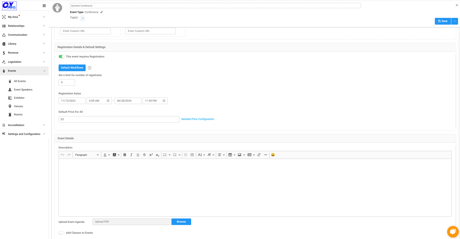 Upload an agenda for your event