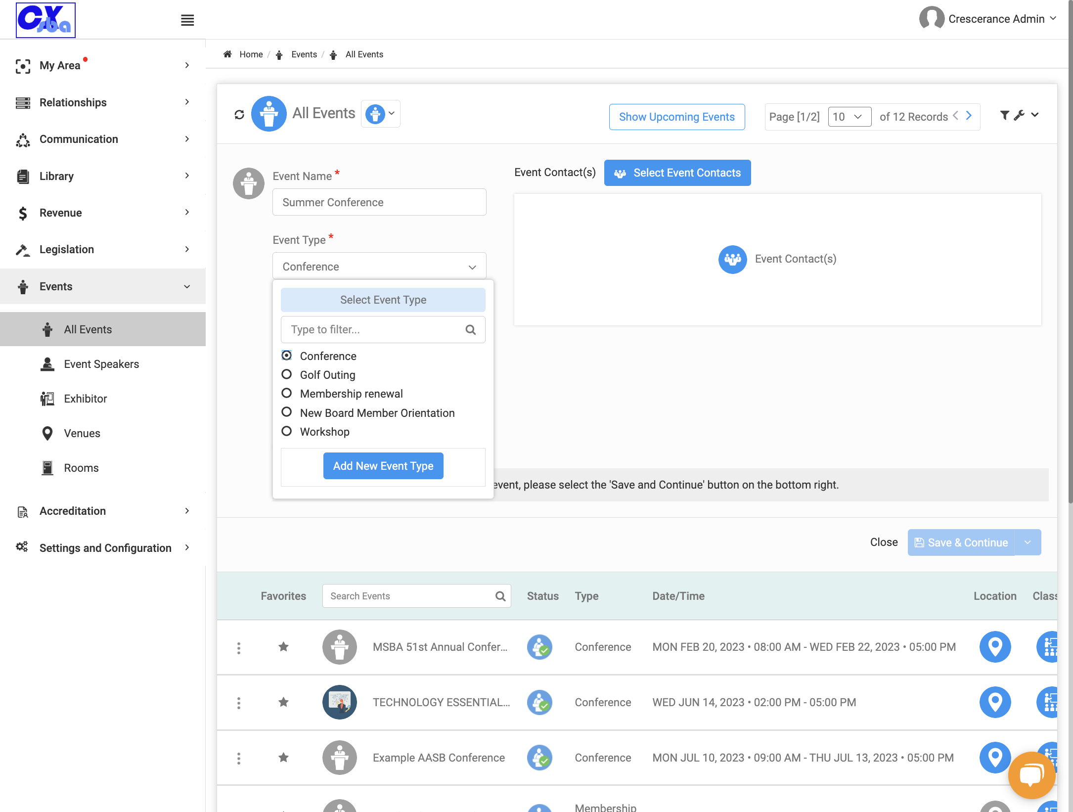 Select your event type from the list or add a new type