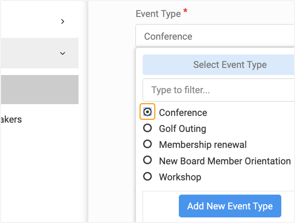 Select your event type from the list or add a new type