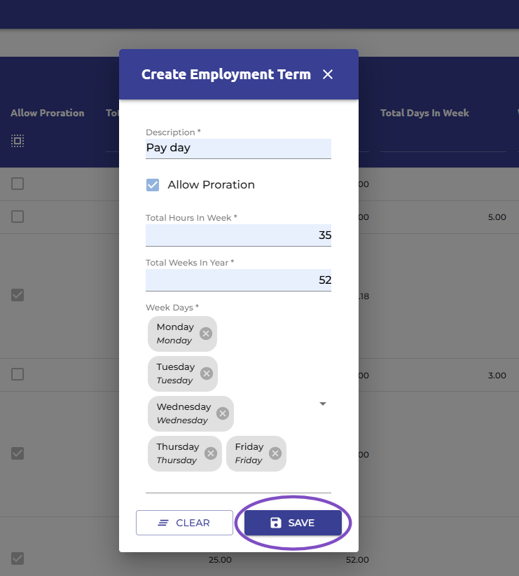 Type the working hours employment terms and press 'Save'