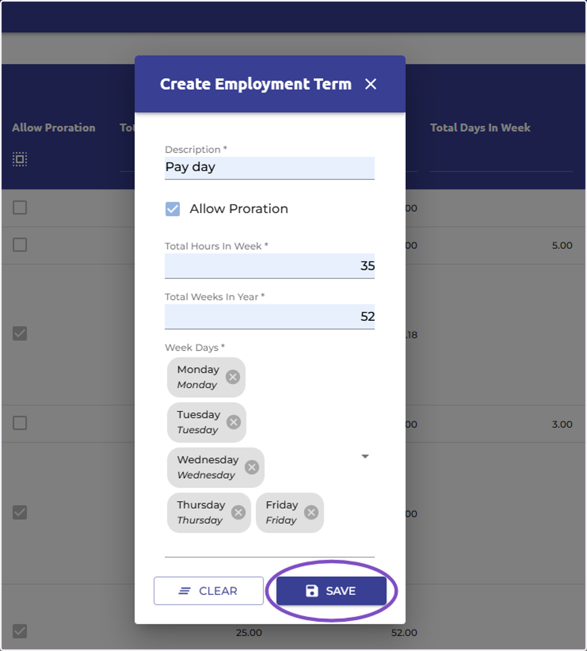 Type the working hours employment terms and press 'Save'