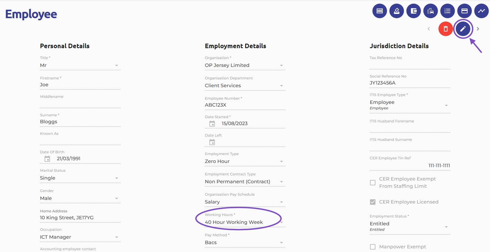Select the edit icon and then the dropdown menu under 'Working Hours'