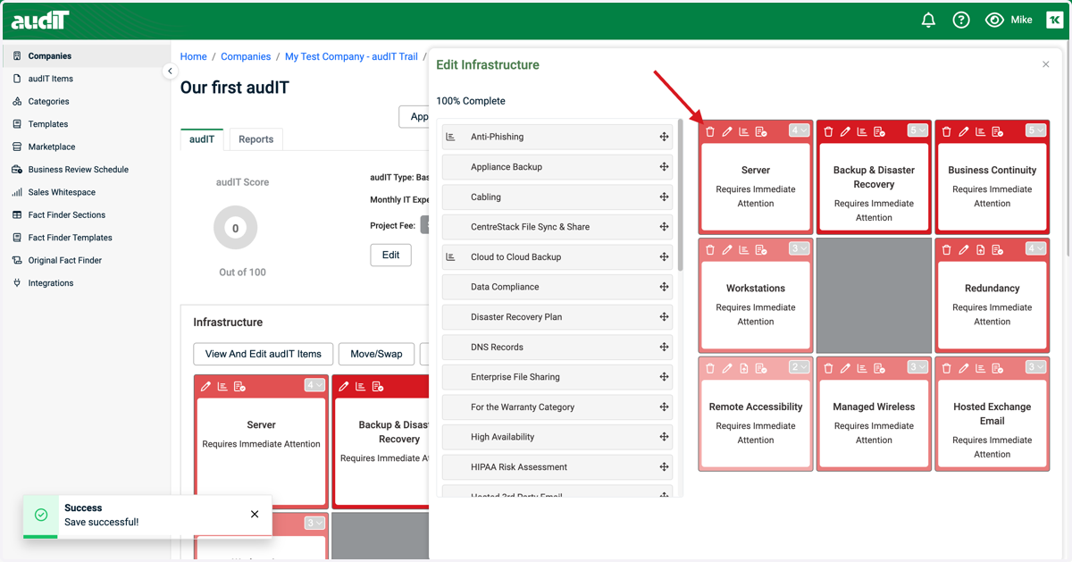 Delete an audIT Item by clicking on the garbage pail