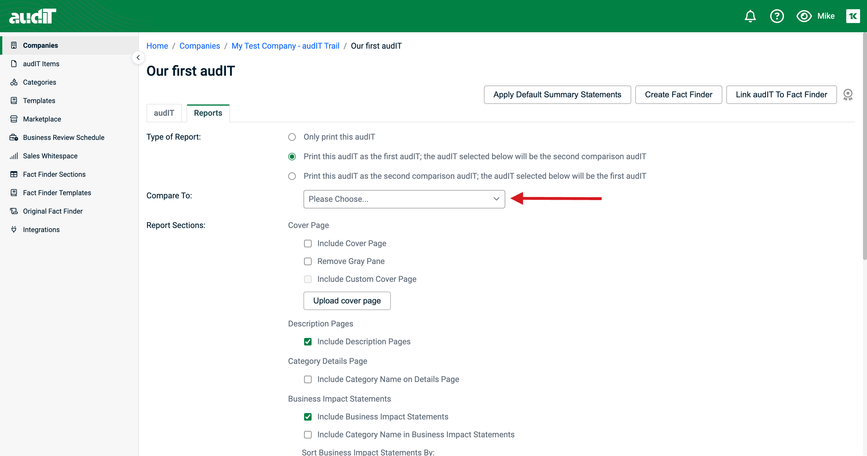 Click on dropdown to choose the second comparison audIT
