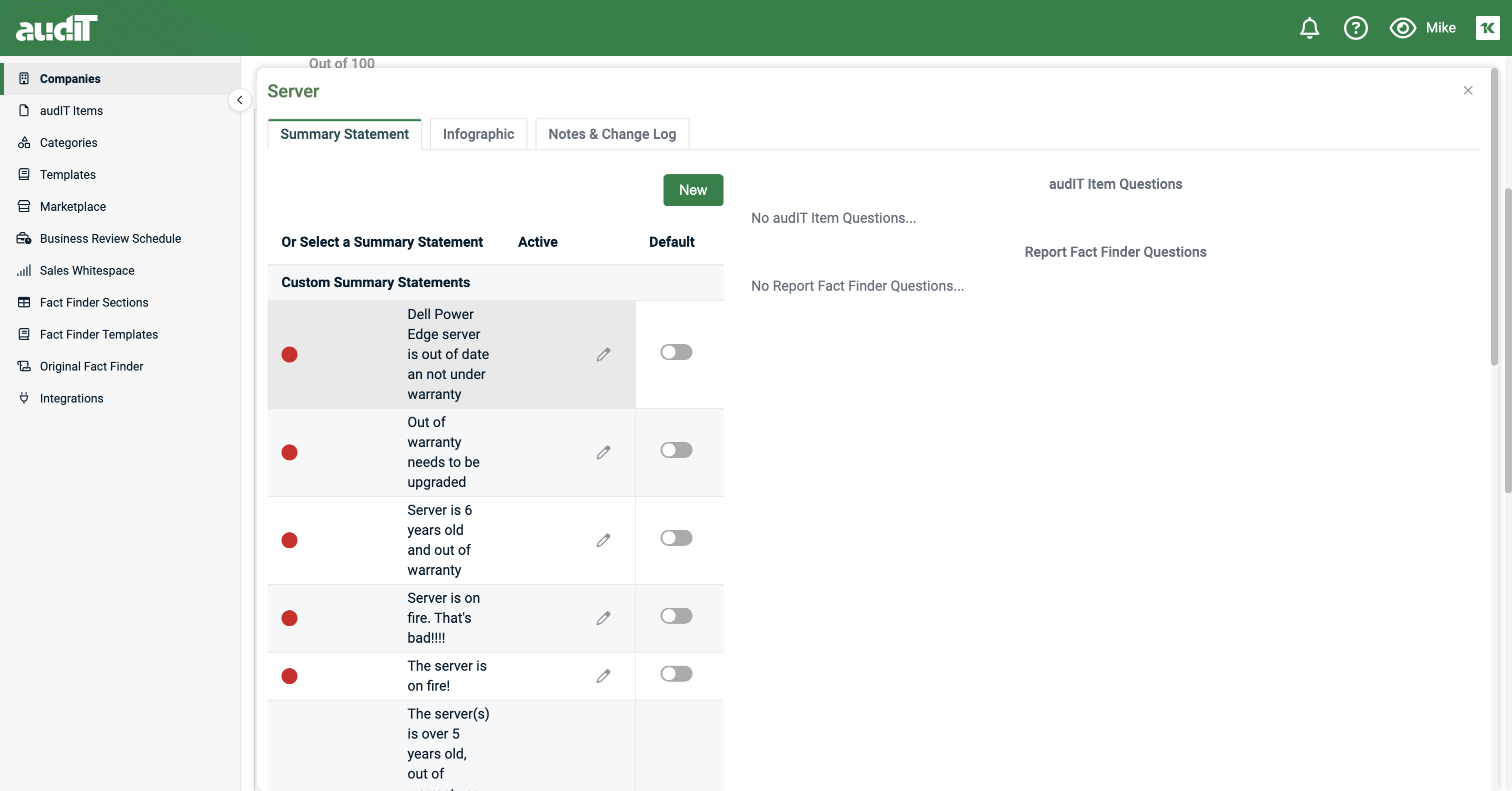 Select a pre-defined or custom summary statement on the pick list