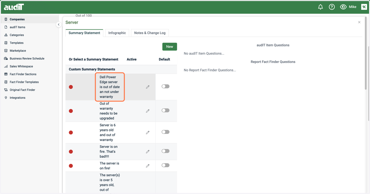 Select a pre-defined or custom summary statement on the pick list