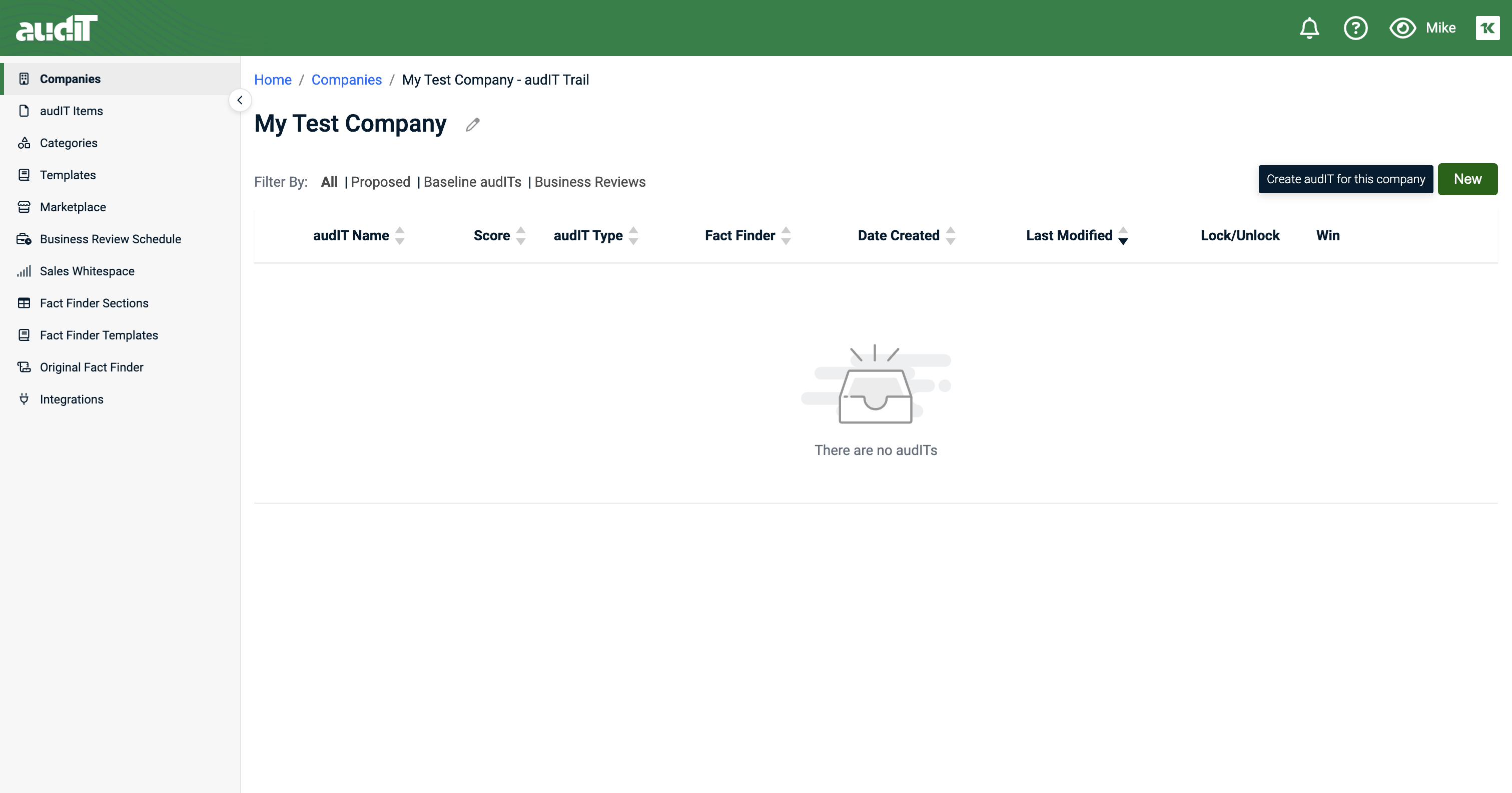 To create your first audIT, click the 'New' button.