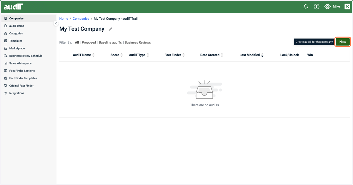 To create your first audIT, click the 'New' button.