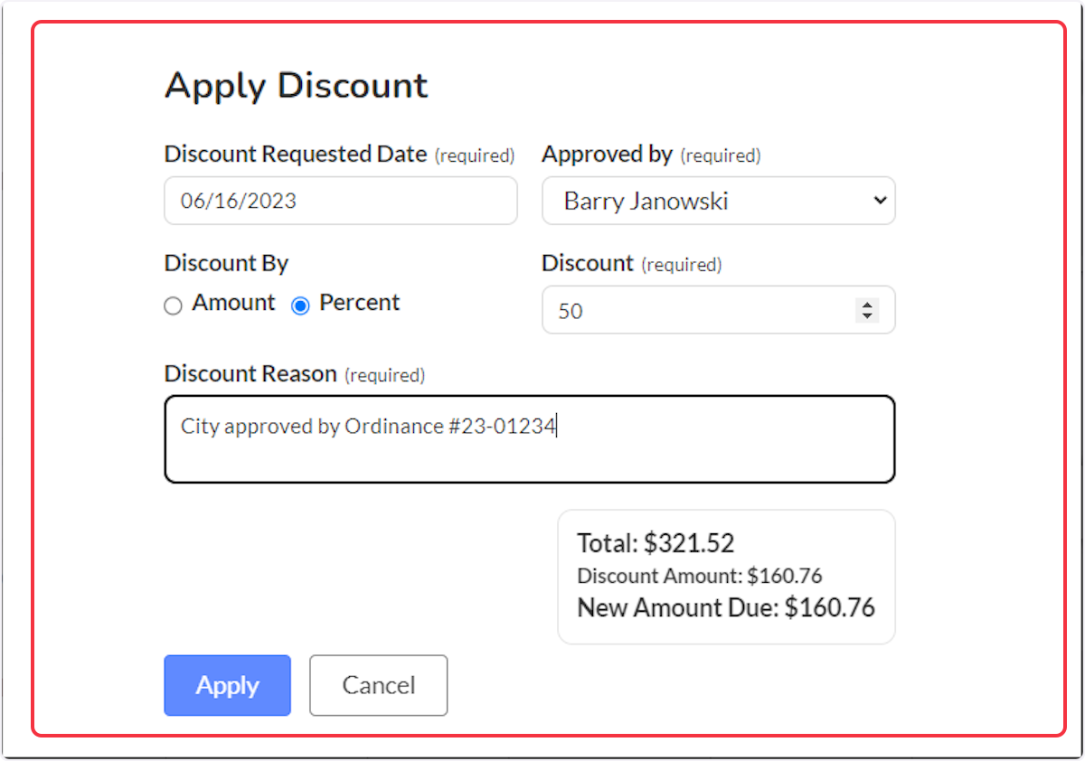 To apply the discount, update the date (if needed), select the discount approver, enter the amount for the discount or select percentage and enter a percentage for the discount, enter a reason, and then select Apply.