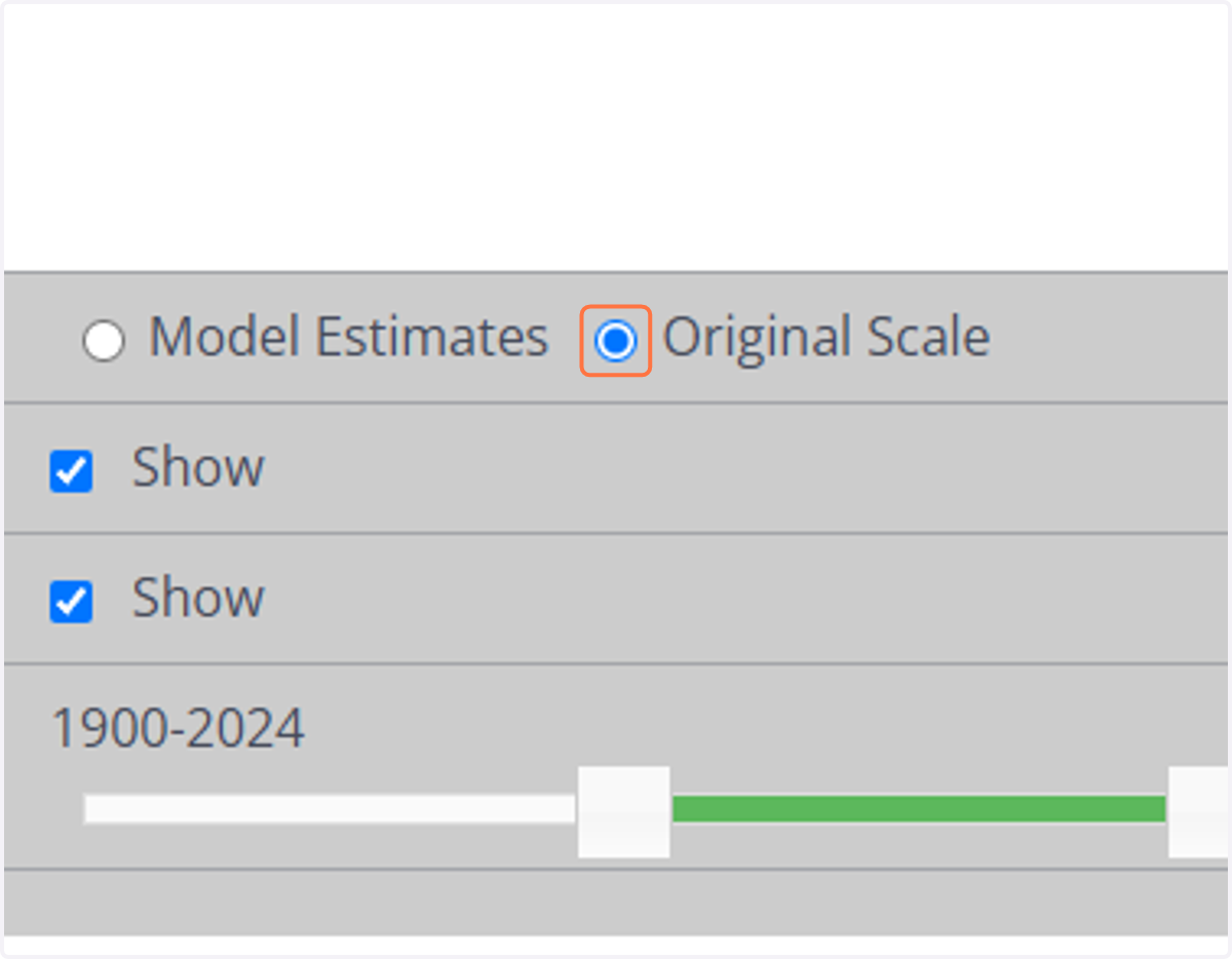 Select Original Scale, click show next to confidence intervals to remove them, and use the slider to pick your years