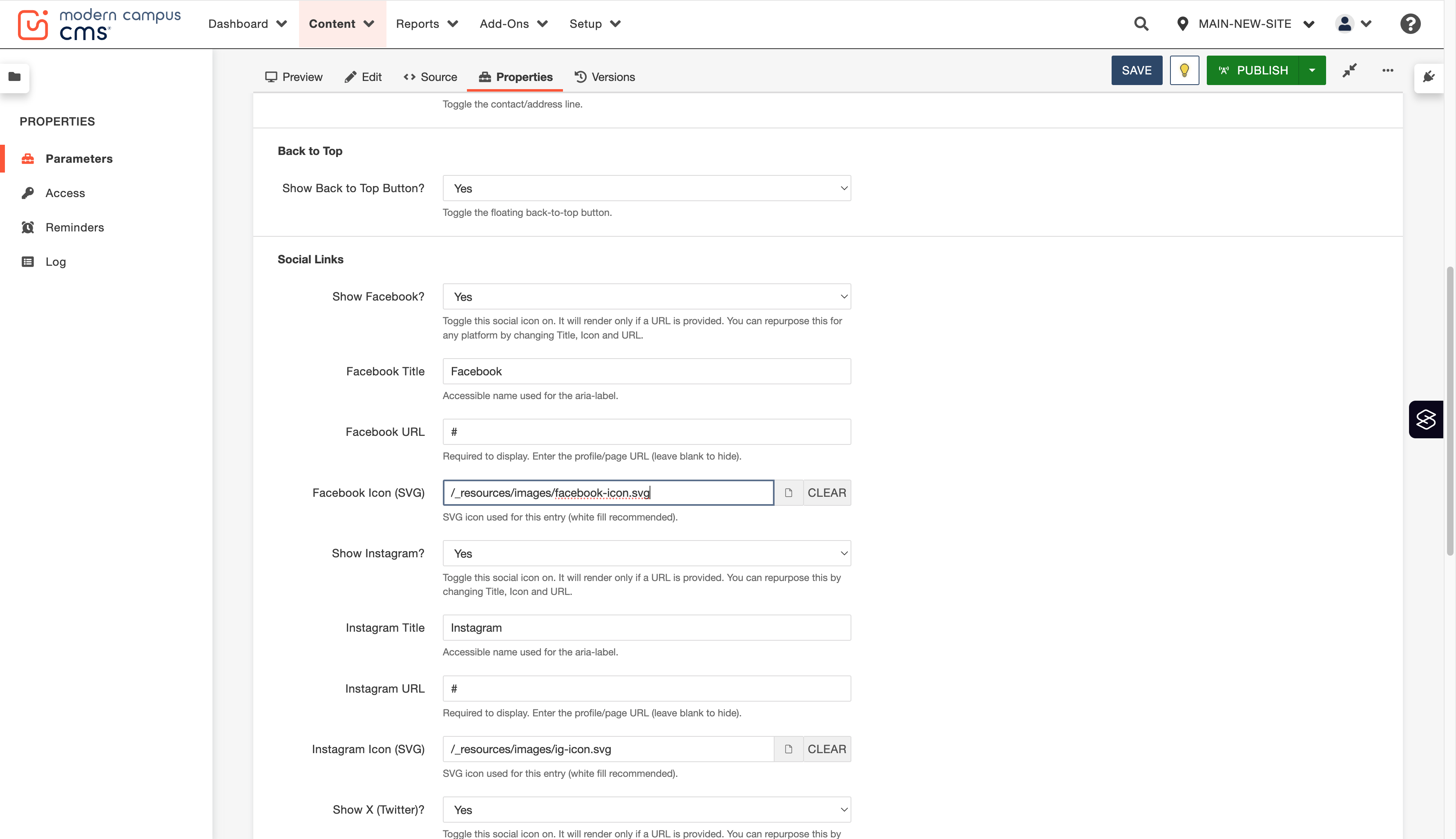 A. Next is the Social Links section. Depending on which social media accounts you have, you can fill them in here and their icons will display in the blue band of the footer. B. For each platform you select to display, enter a screenreader-friendly t