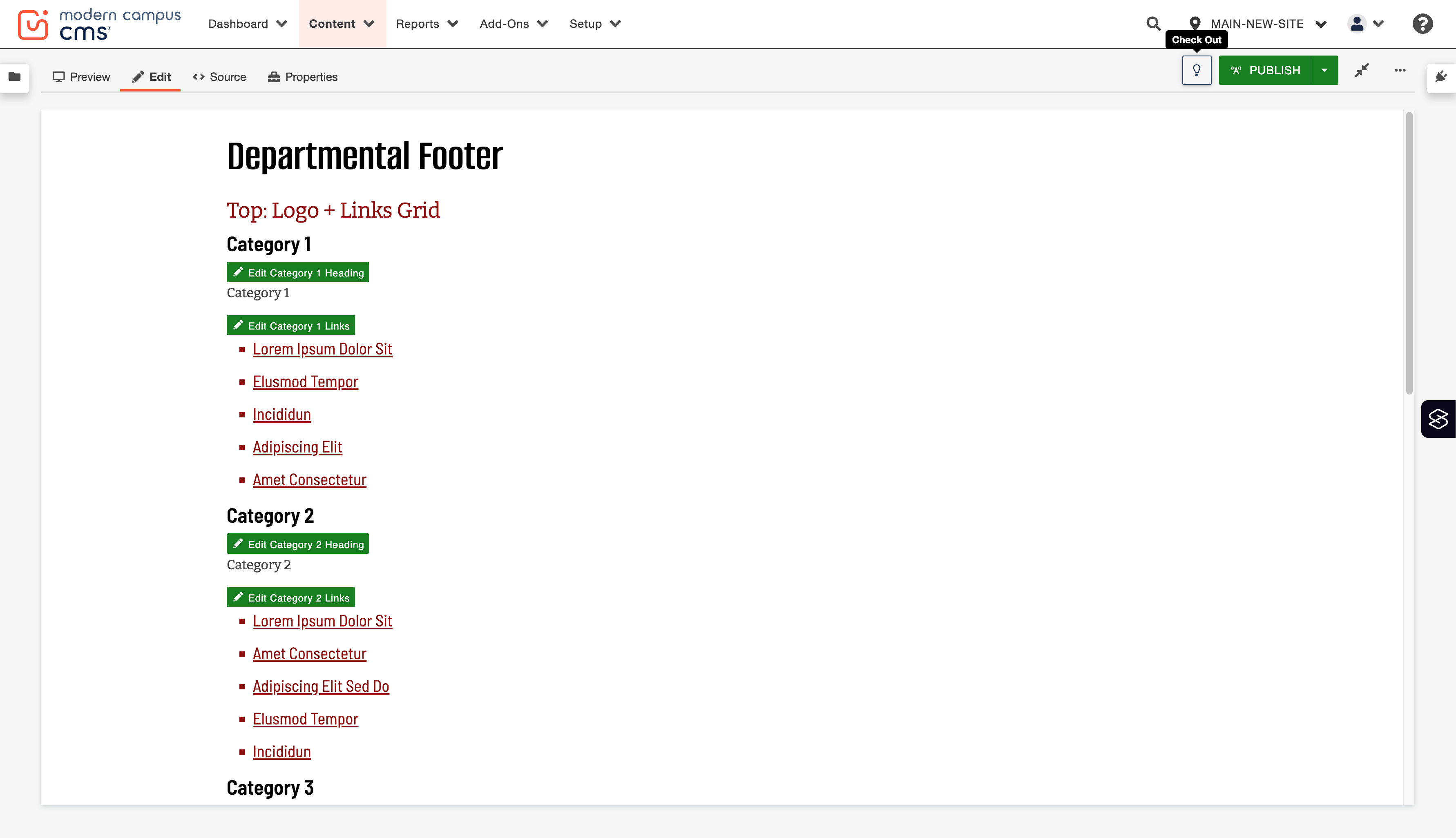 Make sure you Check Out the file so you can see and edit all of the footer properties. You will see different properties if the file is not checked out.