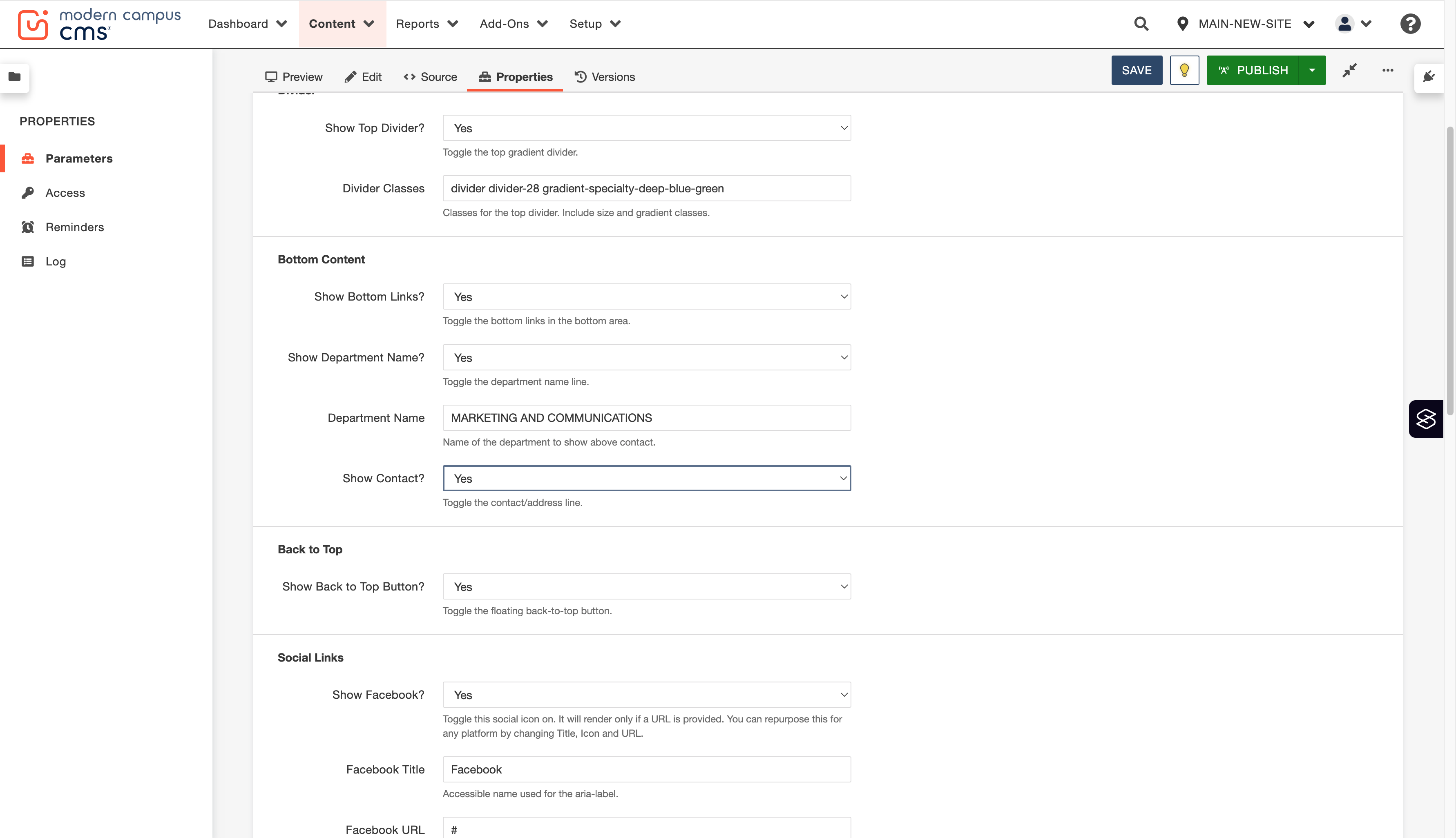 "Show Contact?" will display the address and other contact information for your department in the footer's blue band.