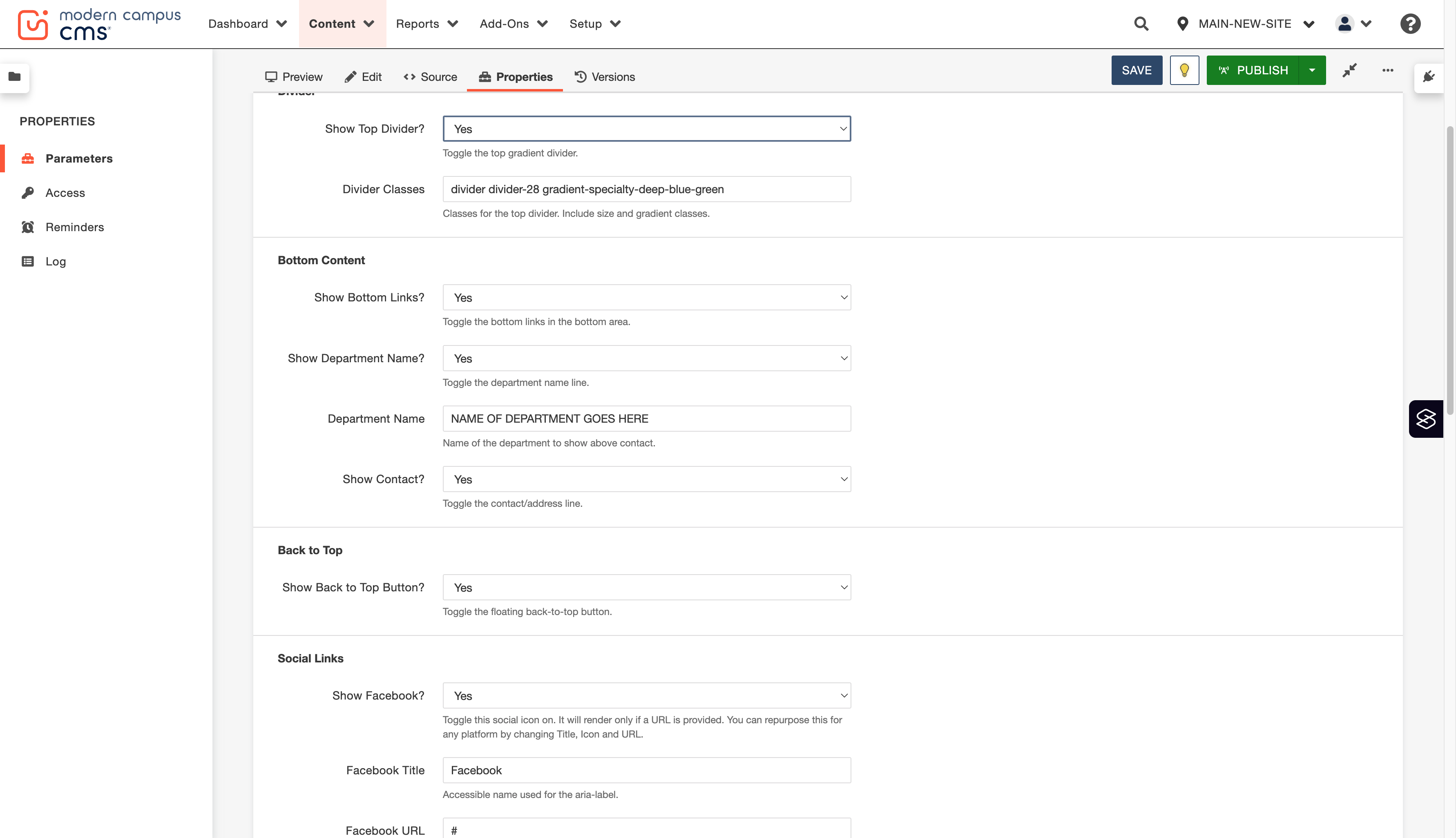 Now we'll move to the Bottom Content section. Bottom Links are links that appear between the contact information and the Privacy Policy and other required links in the blue band of every footer, regardless of the layout you chose above.