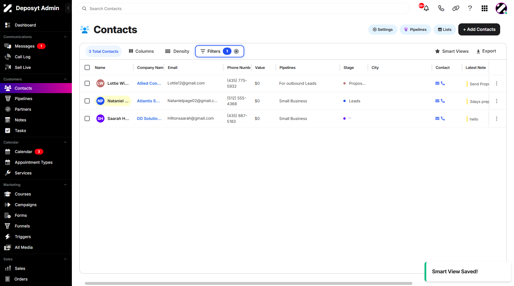 Step 9: You will see a pop-up notification confirming that the new Smart View has been successfully saved