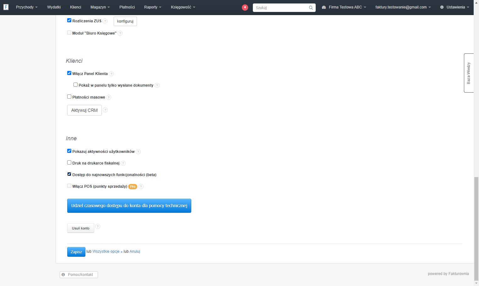 Zaznacz checkbox przy opcji 'Dostęp do najnowszych funkcjonalności (beta)', by zyskać możliwość korzystania z nowych funkcji przed ich oficjalnym wydaniem.