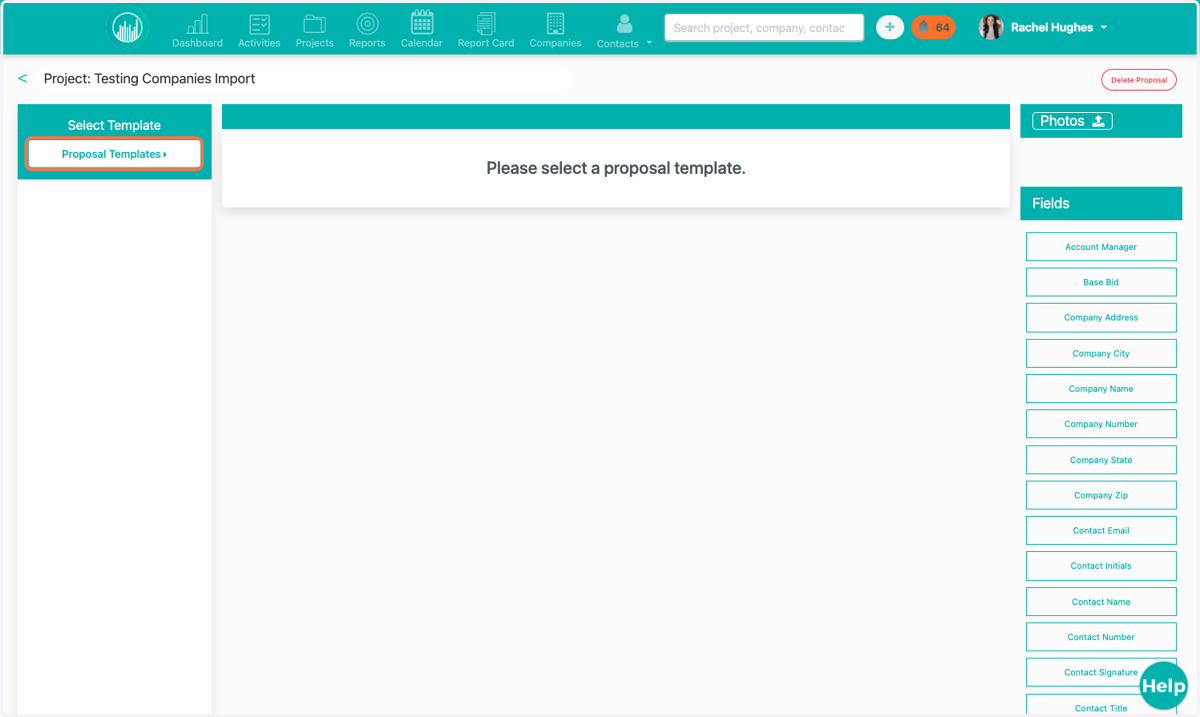 This opens up the Proposal Generator editor. On the left you'll find your different templates. On the right are all the mapped fields you can insert into your Proposal. These fields will automatically pull in the details from your project page once y