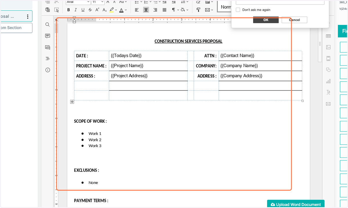 This opens up the editor that works very similarly to Microsoft Word. Here you can make any changes you'd like. To add mapped fields, simply click where you want to insert them, then choose the field from the right hand side.