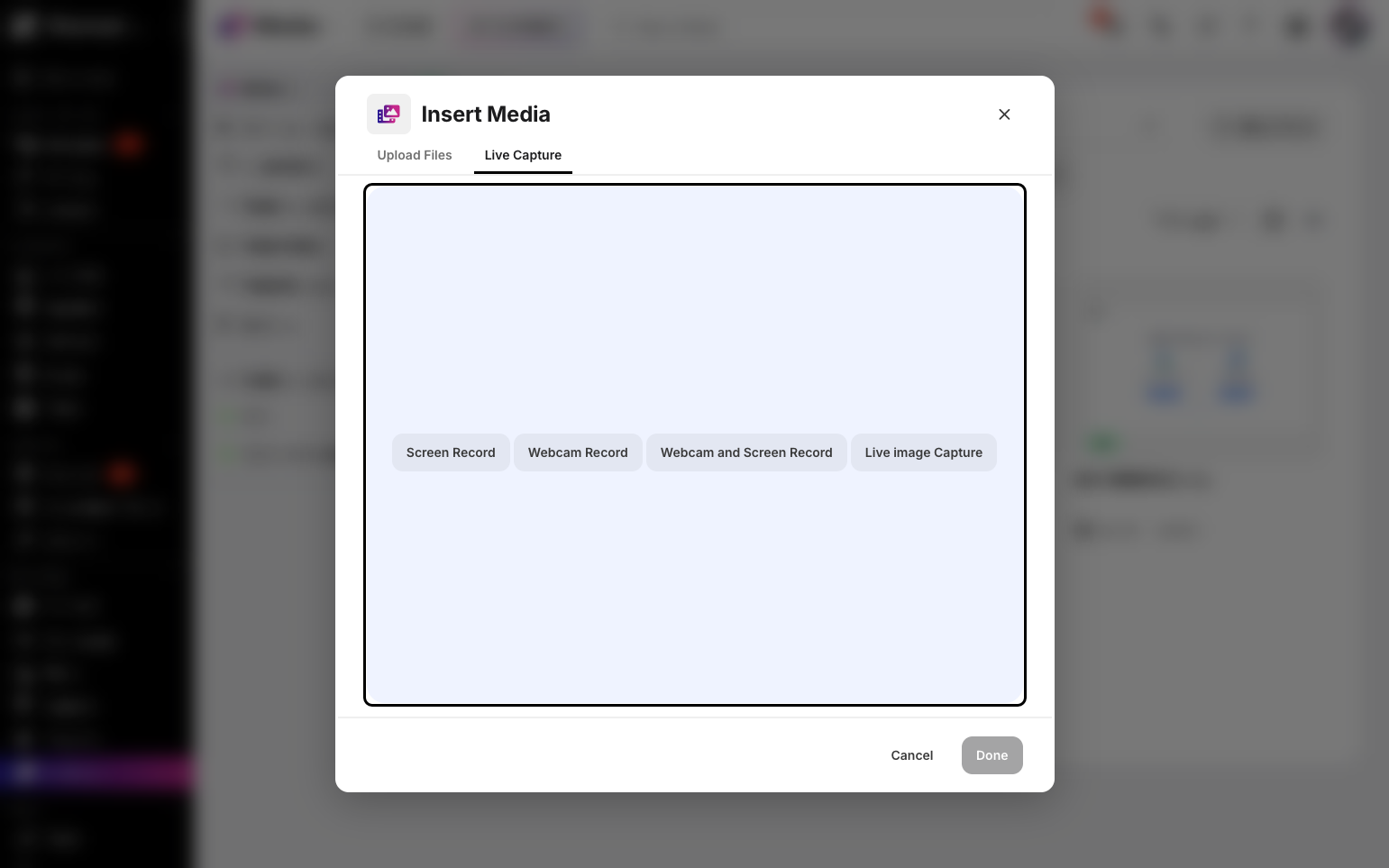 Step 4: From here, you have options to screen record, webcam record, screen and webcam record, or capture a live image.