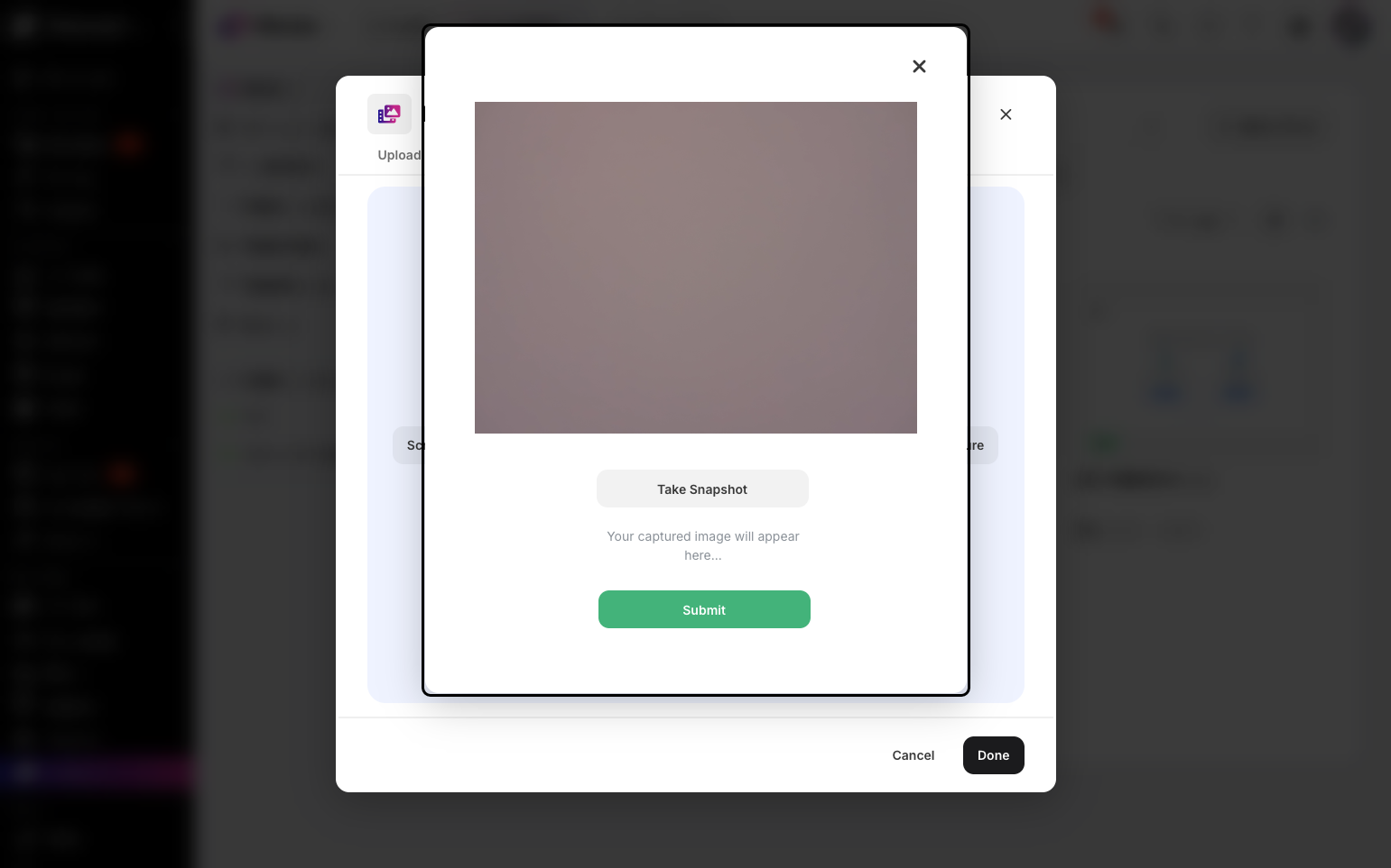 Step 12: A pop-up will appear showing your webcam. Click Take Snapshot to capture the image, then click Submit when finished.