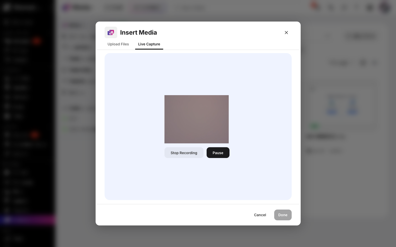 Step 8: Your webcam recording will now appear. Click Pause to pause or Stop Recording to finish.