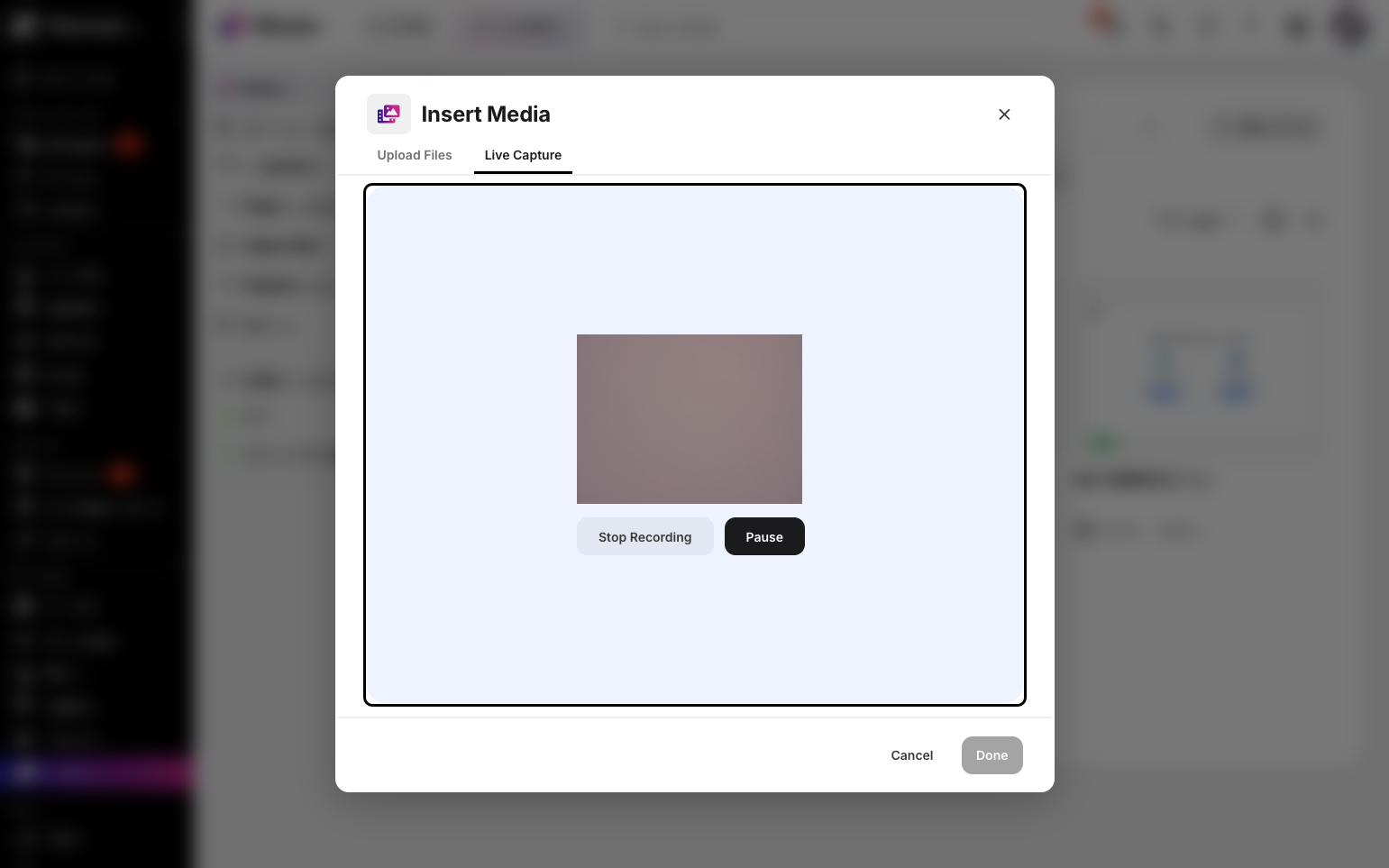 Step 8: Your webcam recording will now appear. Click Pause to pause or Stop Recording to finish.