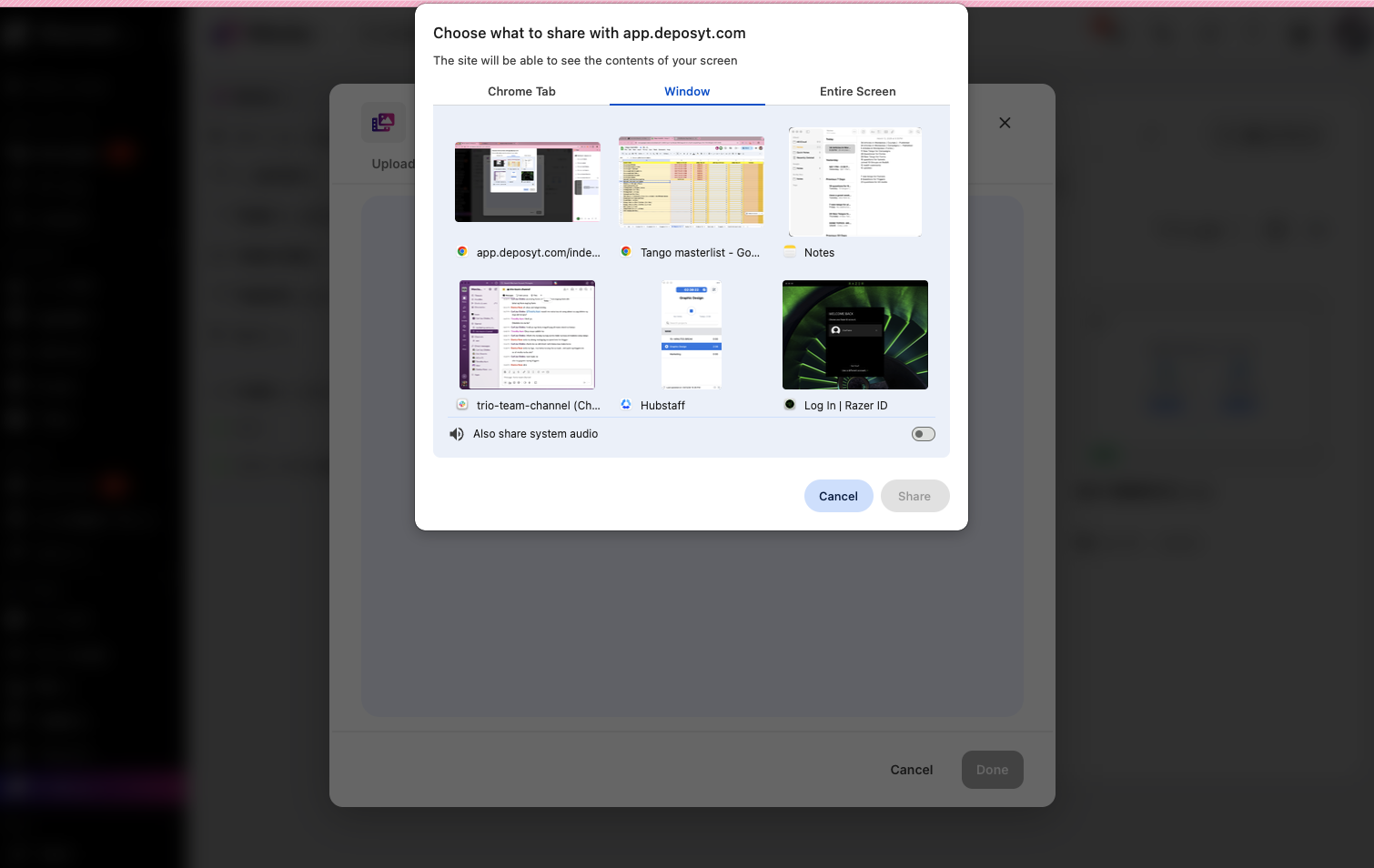 Step 10: Additional options will appear, allowing you to record a browser tab, a window, or your entire screen. Click Share to start recording, and your webcam will appear in the lower-right corner of the screen recording.