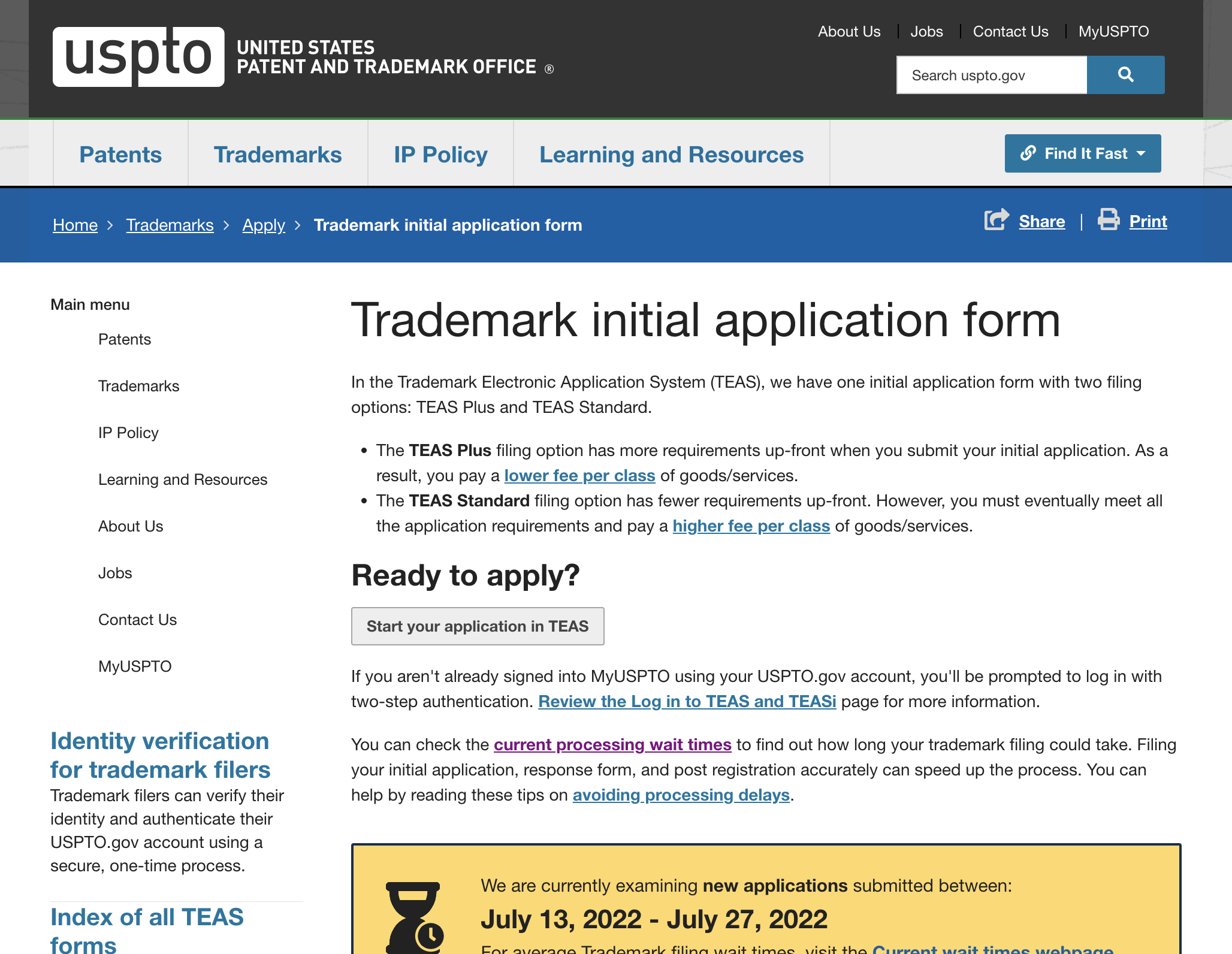 Click on Start Your Application in TEAS