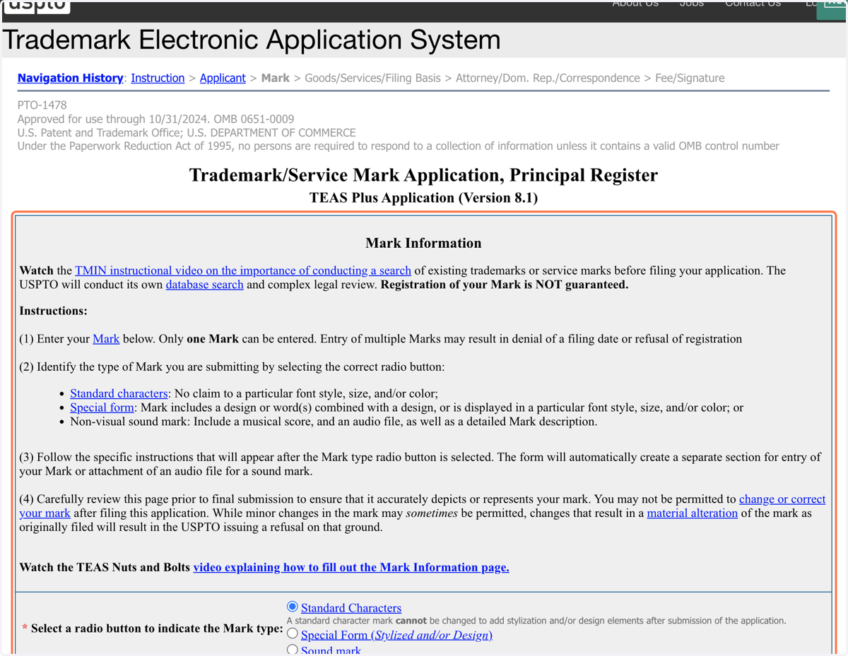 Provide the Mark Information…