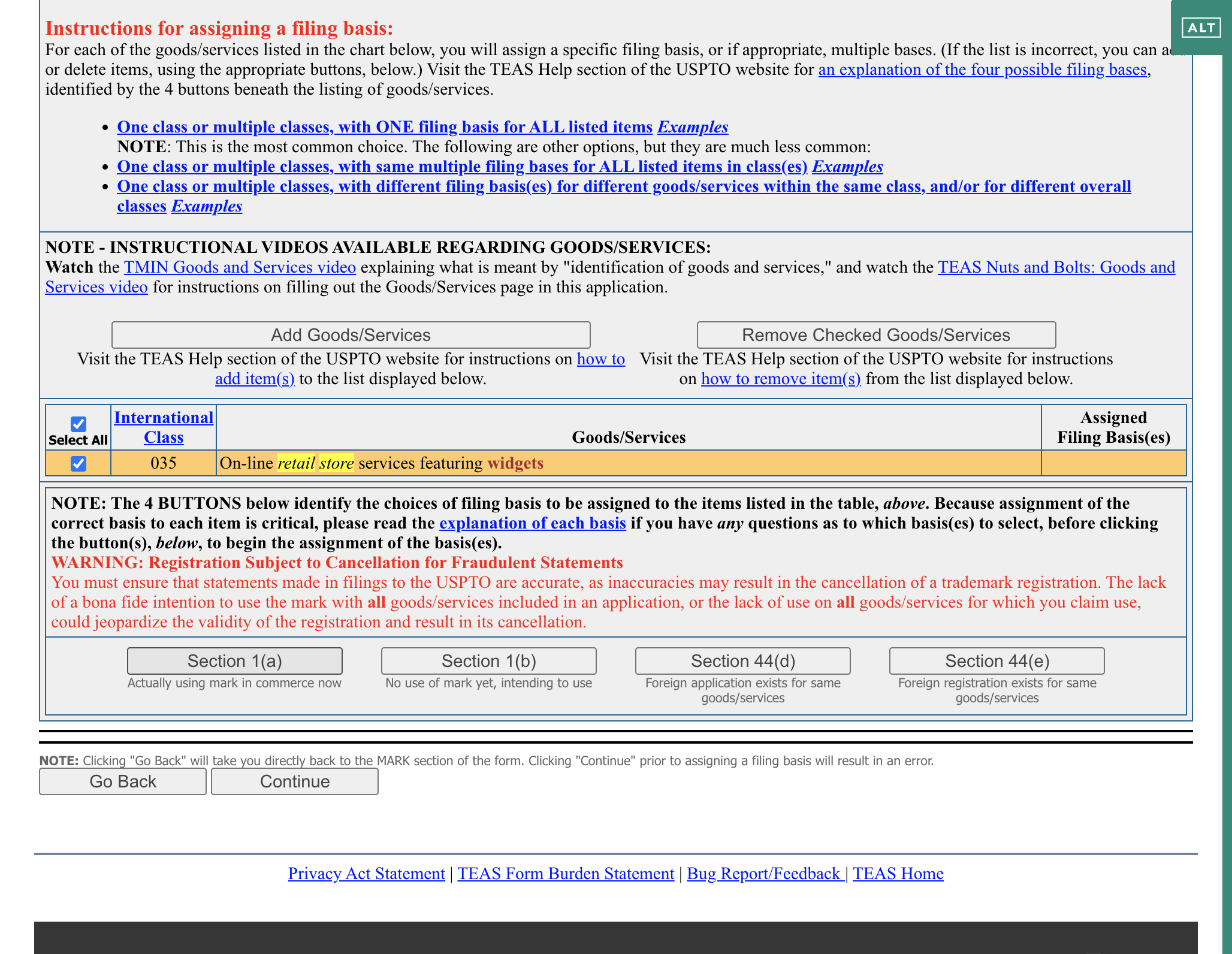 Click on Section 1(a) to File for an In-Use Application