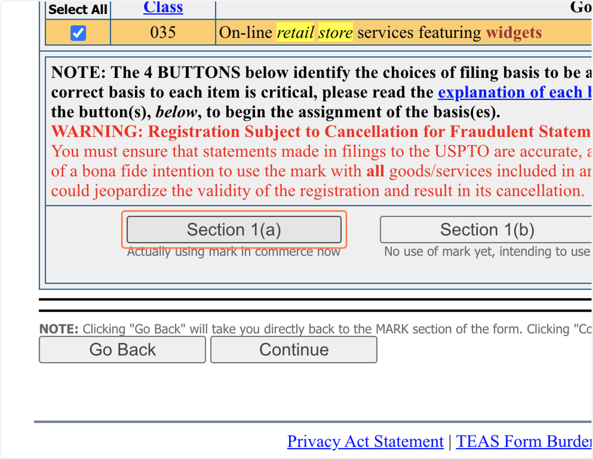 Click on Section 1(a) to File for an In-Use Application