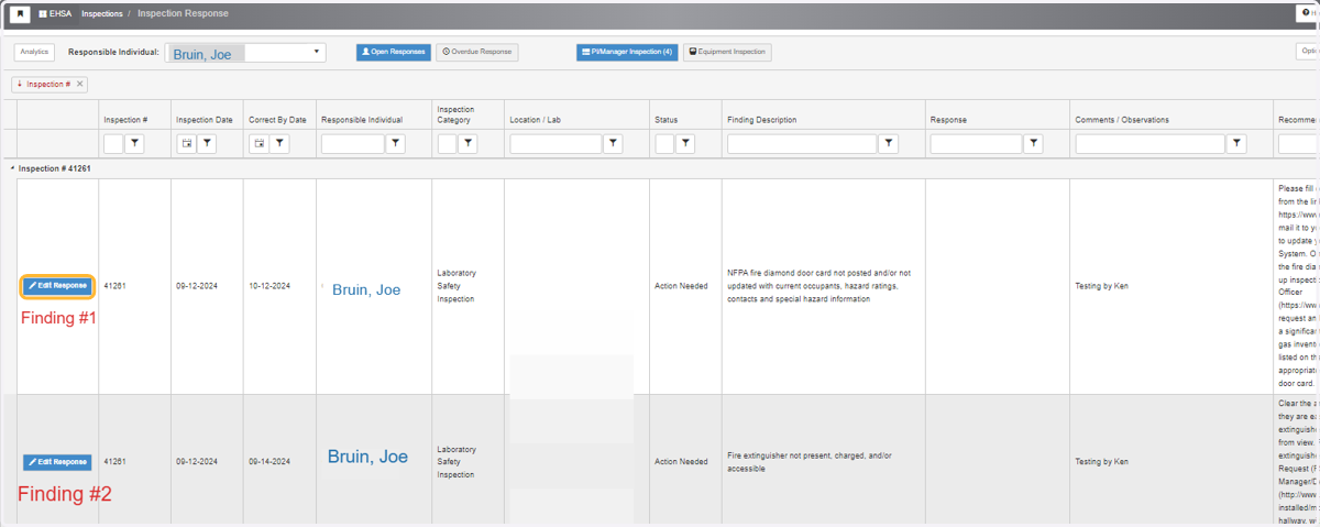 Click on the "Edit Response" button to provide an update on a finding.