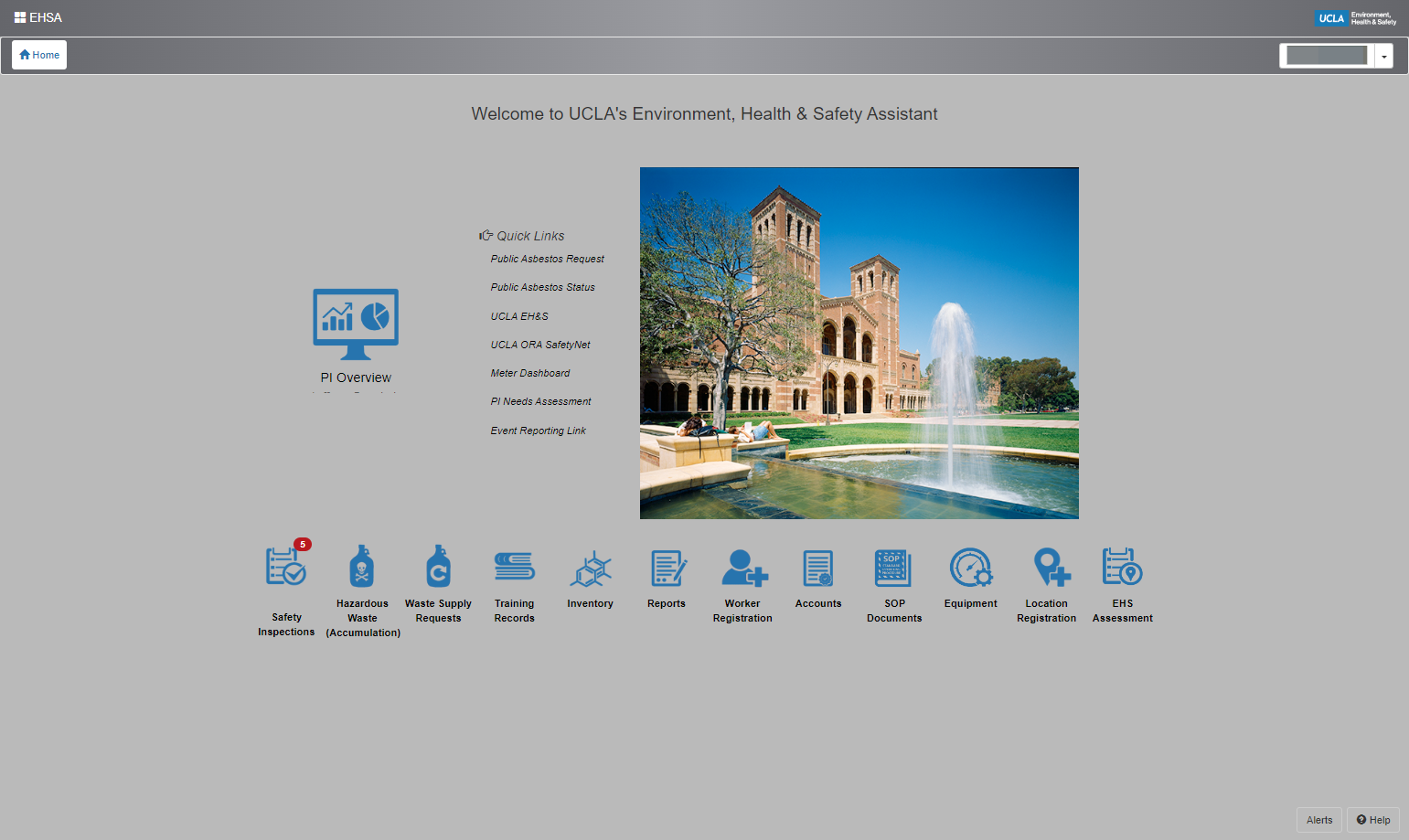 To respond to inspection findings log into EHSA and from the homepage, select the "Safety Inspections" icon.