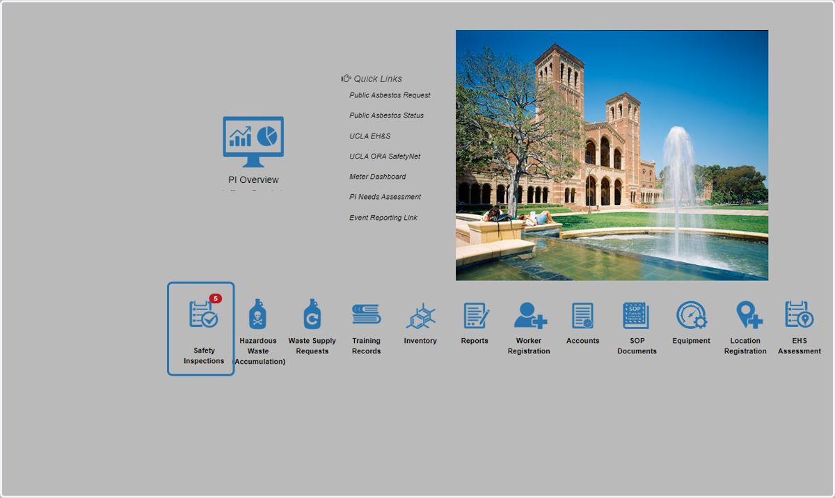 To respond to inspection findings log into EHSA and from the homepage, select the "Safety Inspections" icon.