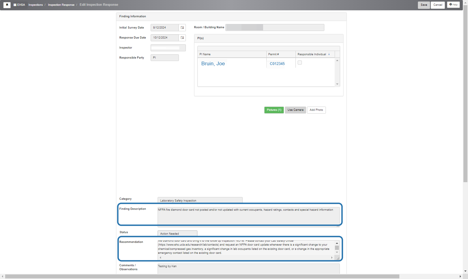 You can read the description of the findings and recommendations to understand the actions that need to be taken. Your inspector may ask that you attach photos documenting that a finding has been resolved. Please use the buttons shown below to upload