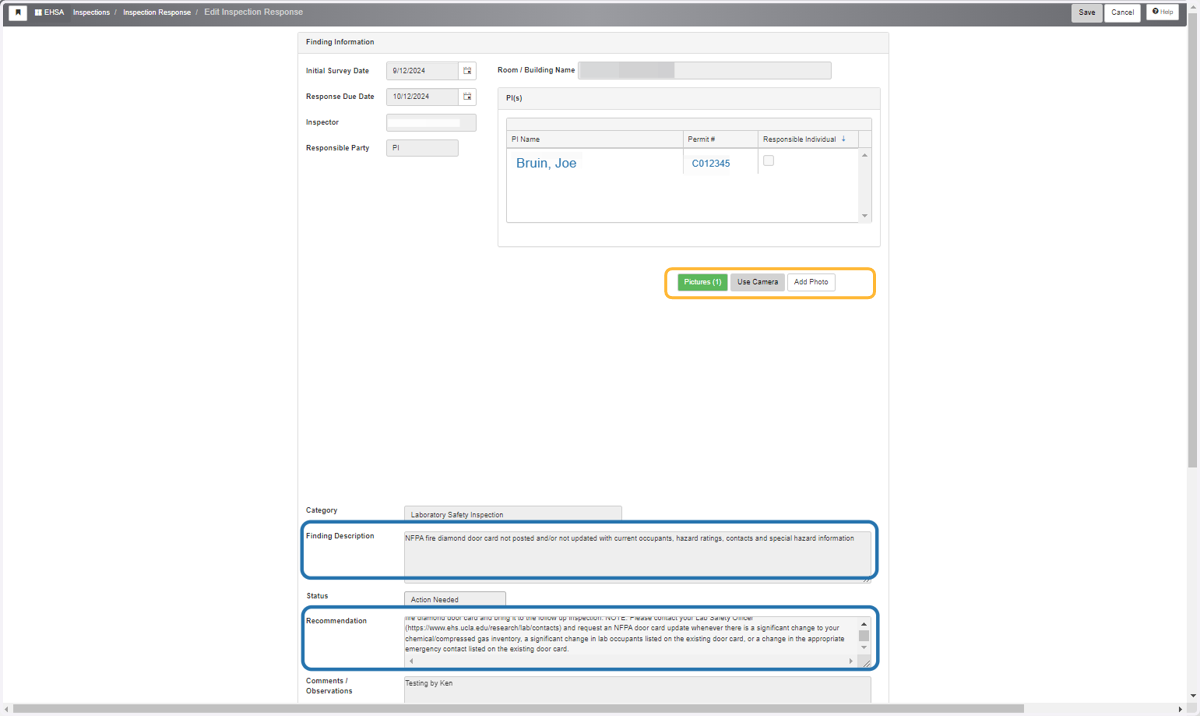 You can read the description of the findings and recommendations to understand the actions that need to be taken. Your inspector may ask that you attach photos documenting that a finding has been resolved. Please use the buttons shown below to upload