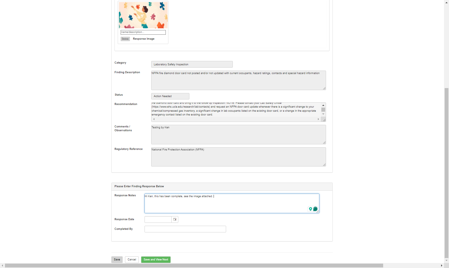 Please enter a response date by clicking on the Calendar icon near the "Response Date" field and then selecting the appropriate date from the calendar as seen below.