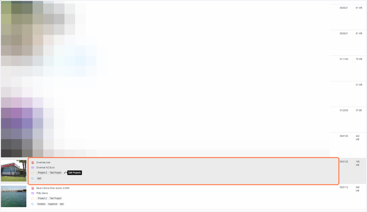 Move your cursor to the asset you wish to assign a project to. Hover to the right of the yellow folder icon and click on the edit pen