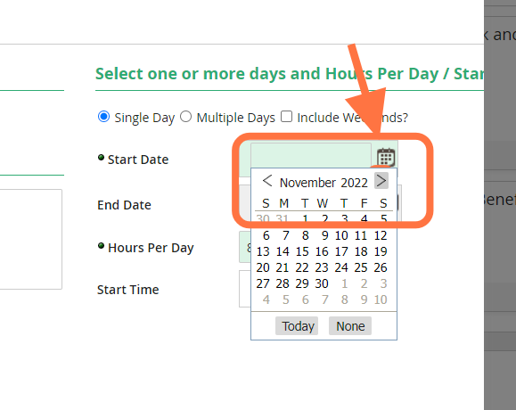 Select Start date using calendar icon. End date will auto-populate when "Single Day" has been selected.