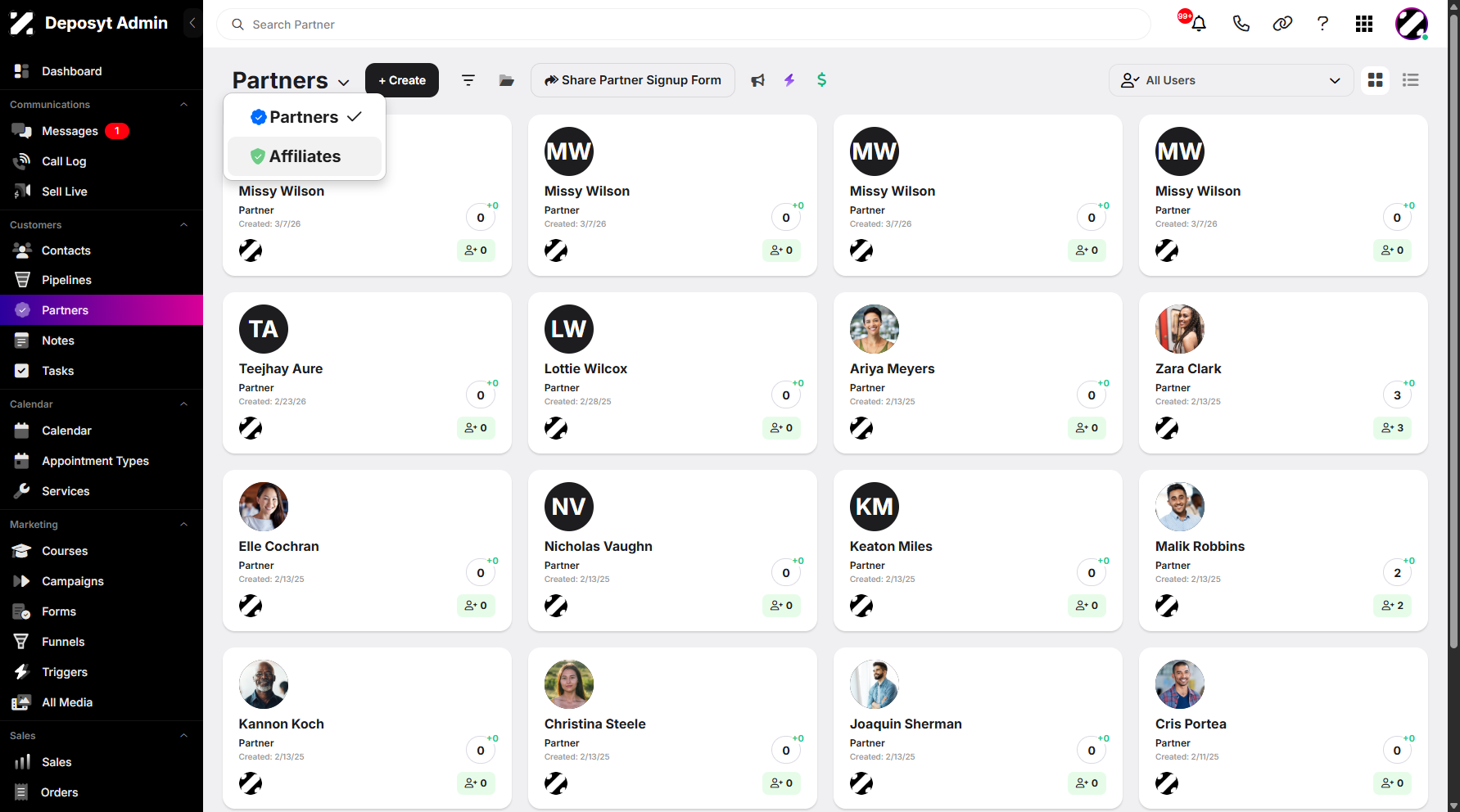 Step 1: Hover over the Partners dropdown menu and click Affiliates to continue.