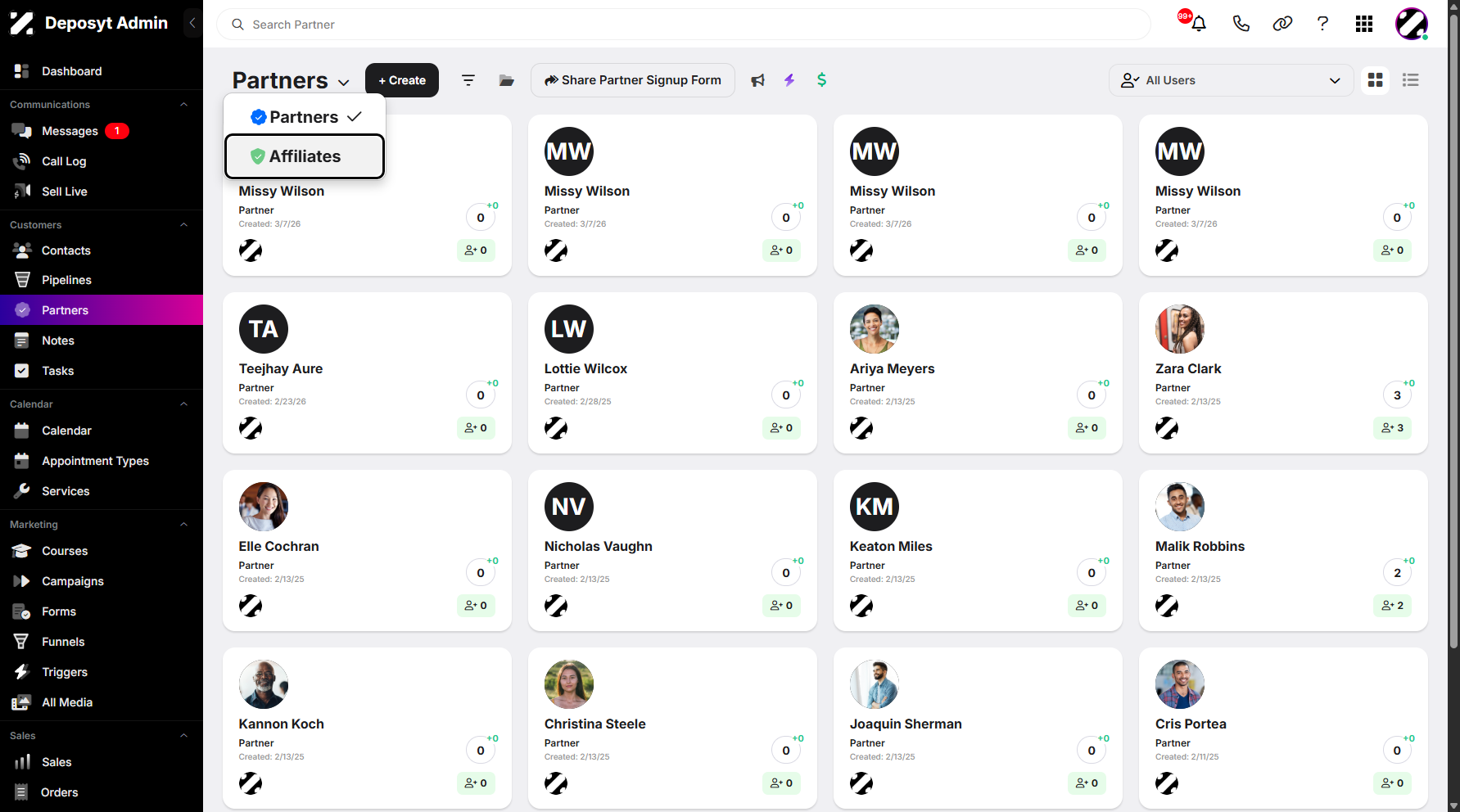 Step 1: Hover over the Partners dropdown menu and click Affiliates to continue.