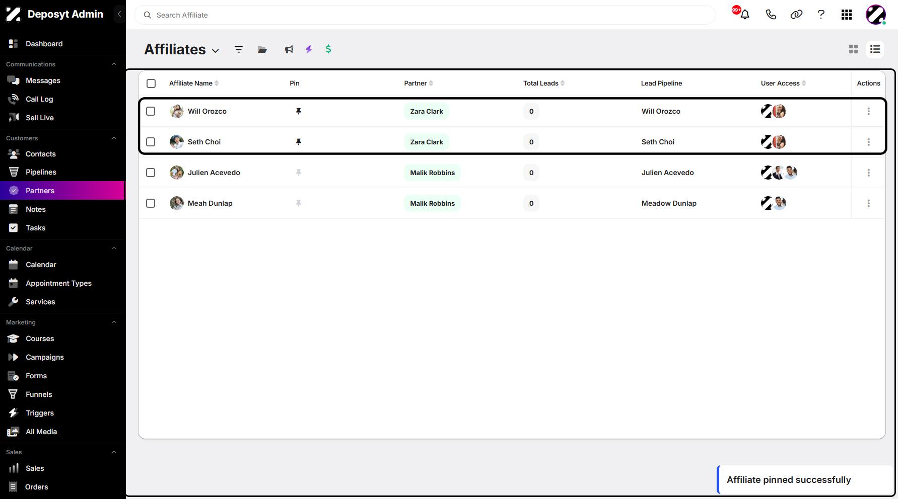 Step 8: You can now view the affiliate you pinned.