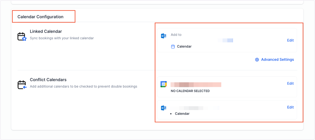 Once your Outlook calendar is successfully connected, you need to complete your calendar configuration by selecting your linked calendar and conflict calendar.