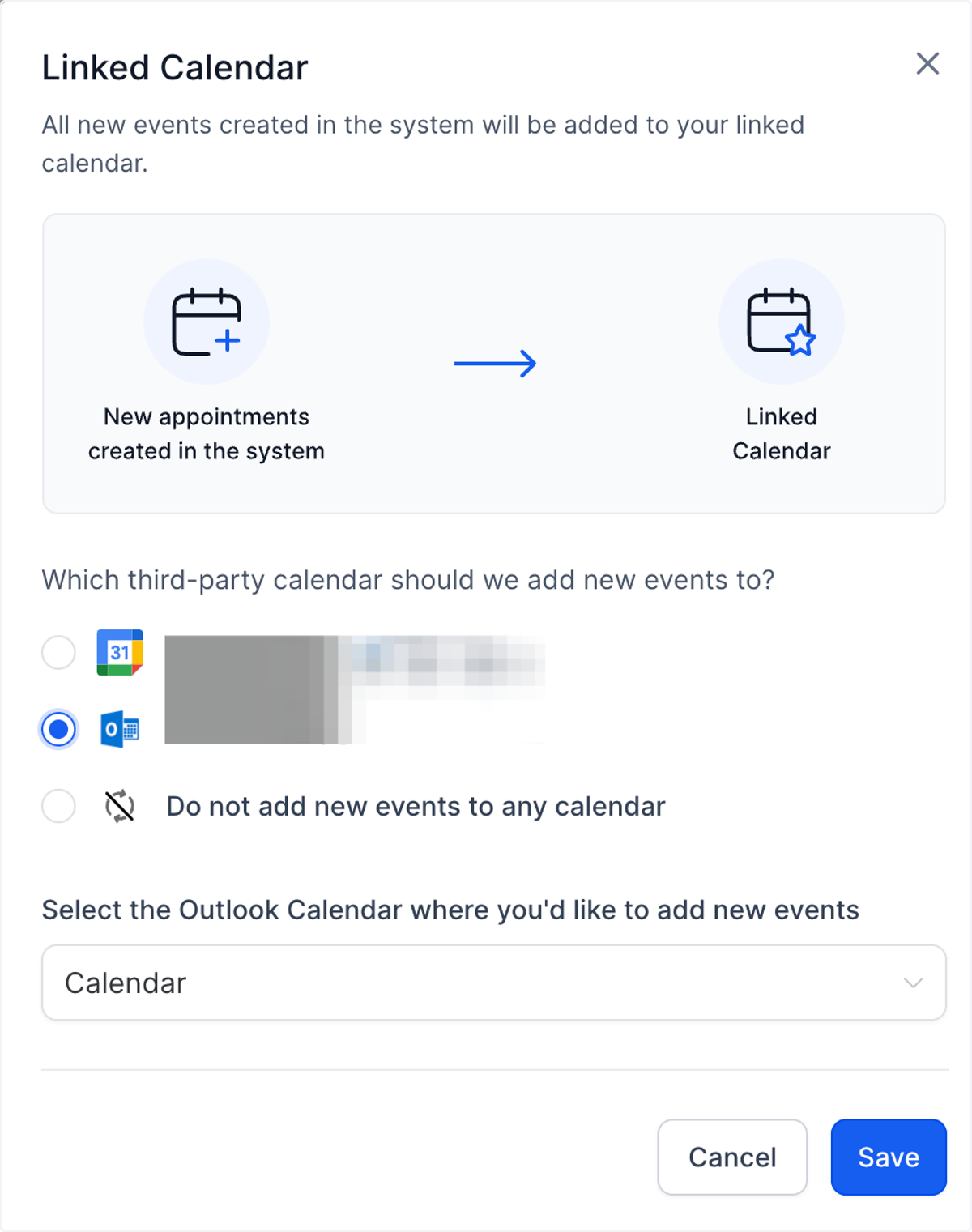 Linked Calendar: All new events created in the system will be added to your linked calendar. For example, any new event created in the system will sync to your linked calendar, allowing you to view it directly on this third-party calendar (e.g., Outl