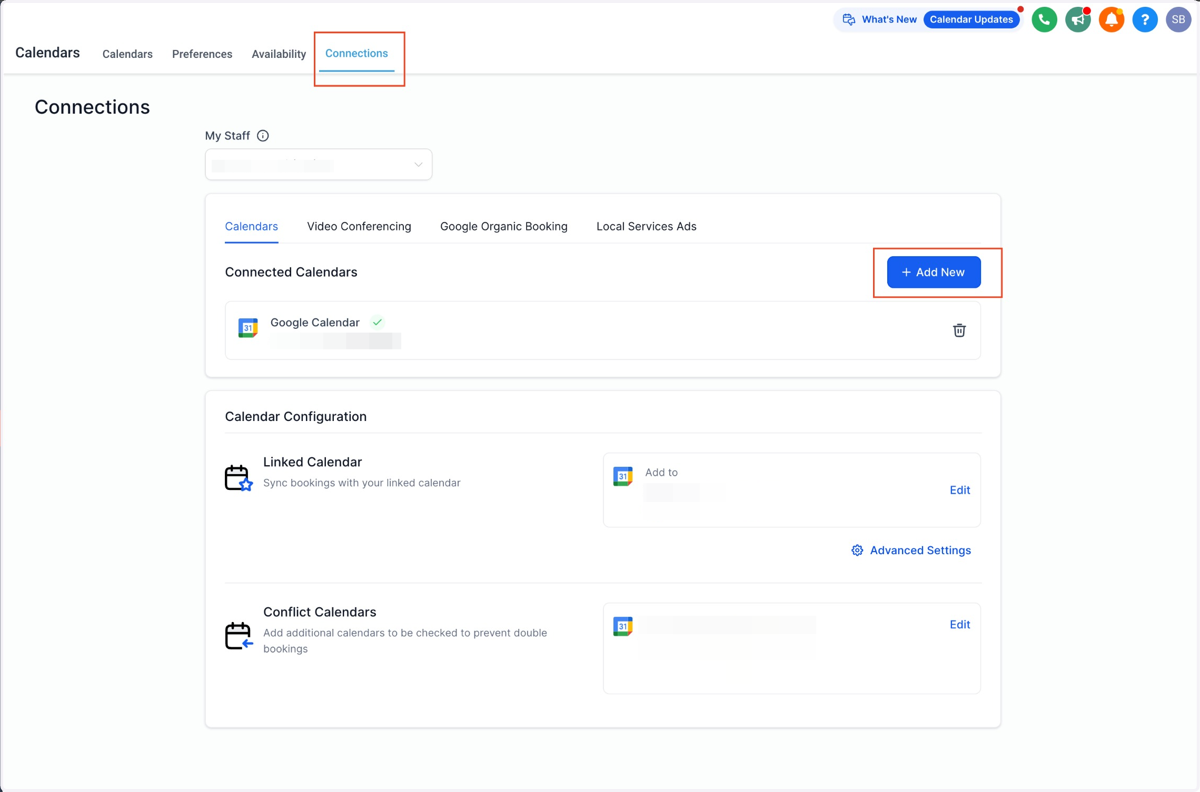 Navigate to 'Calendars' > 'Calendar Settings' > 'Connections.' Click on 'Add New.'