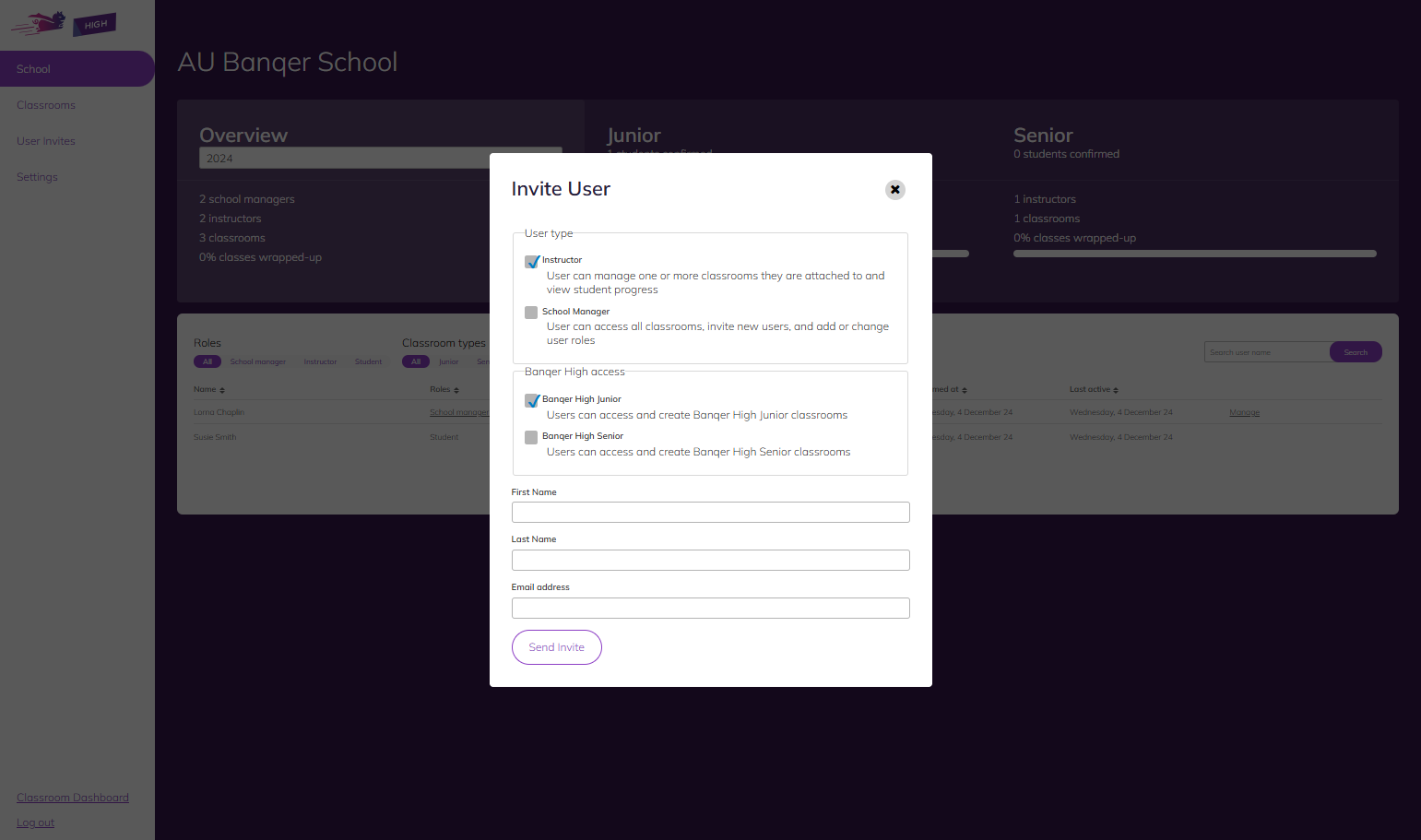 Complete the details for your new teacher. Click on Send Invite once complete.