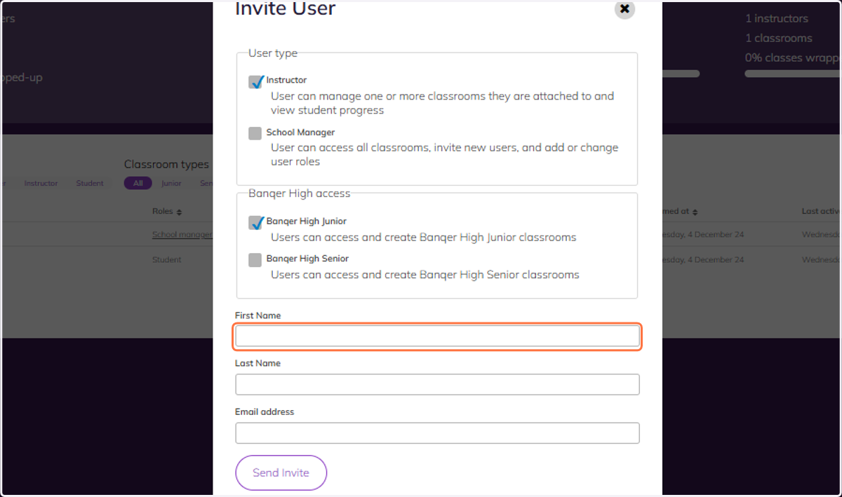 Complete the details for your new teacher. Click on Send Invite once complete.