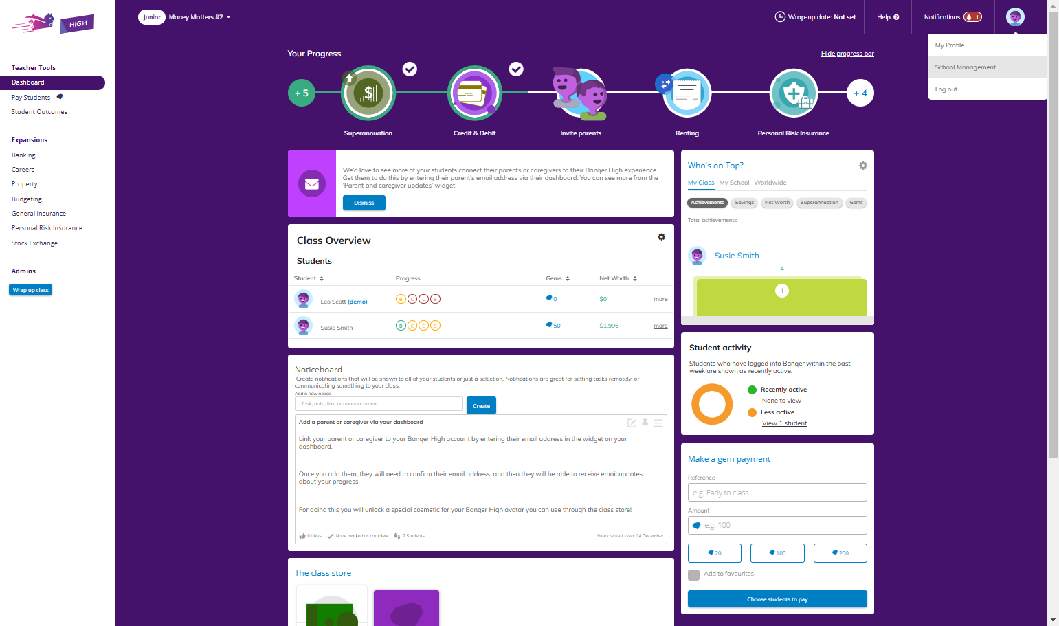 To navigate to your School Management area click on your profile icon in the top right and select School Management.