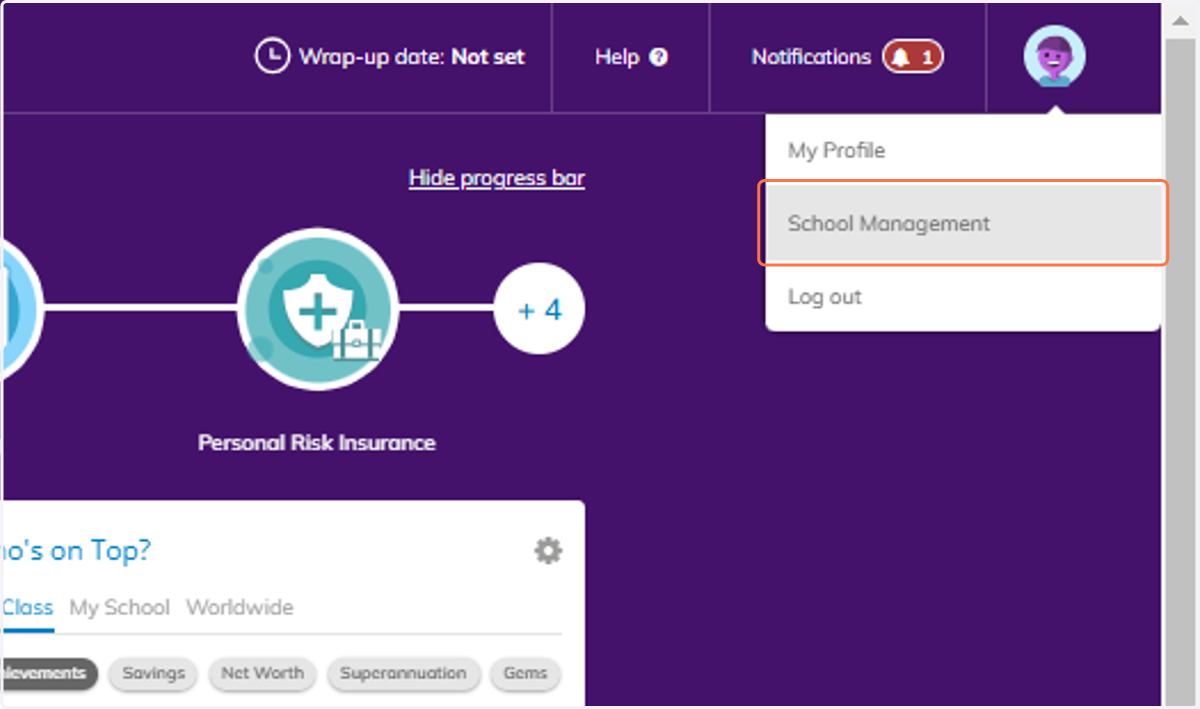 To navigate to your School Management area click on your profile icon in the top right and select School Management.
