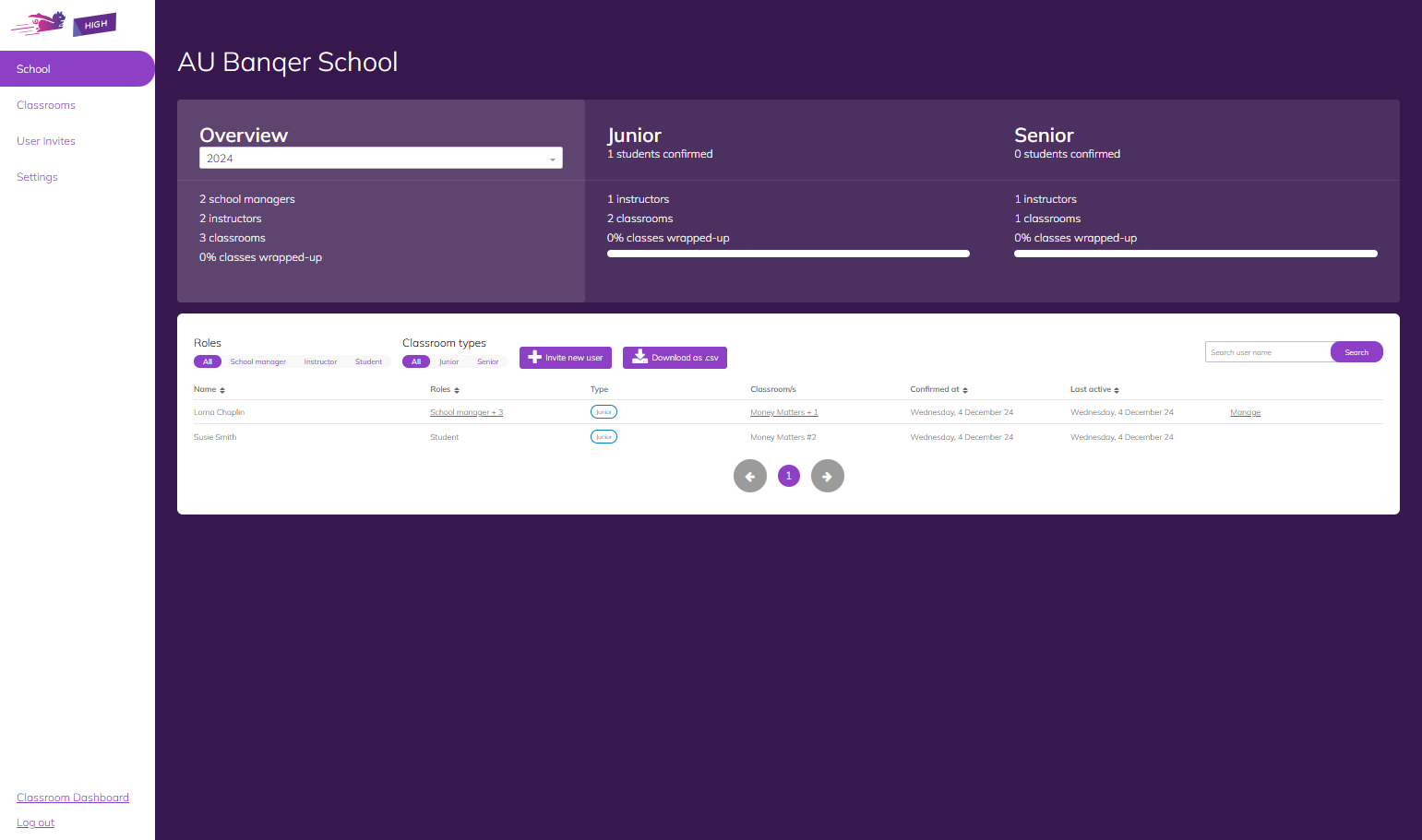 From here you will see your School Management section - ensure that you are in the School section from the menu on the left.